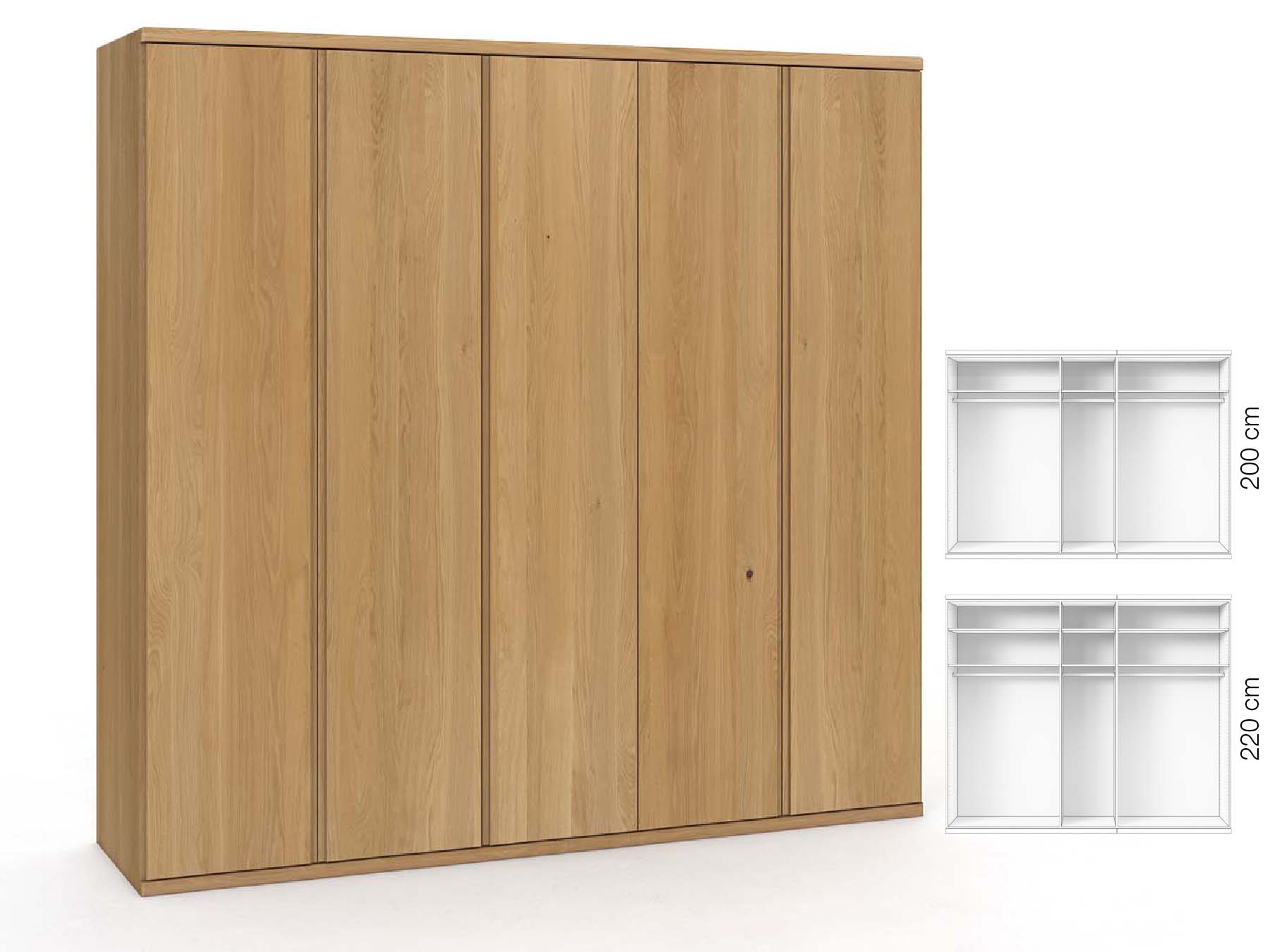Eichenschrank Hell „Valentin“, 5-türig, Höhe 220 cm, Griffausführung „Patrizia“, Inneneinrichtung: A