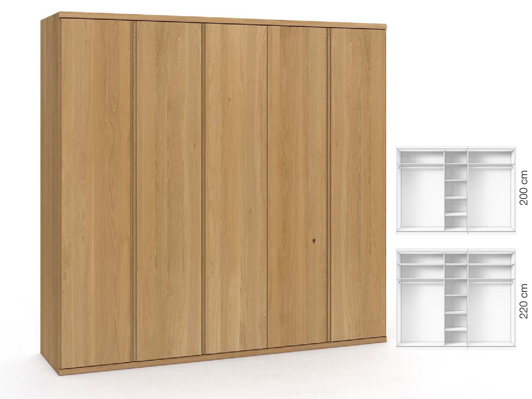 Eichenschrank Hell „Valentin“, 5-türig, Höhe 220 cm, Griffausführung „Patrizia“, Inneneinrichtung: B
