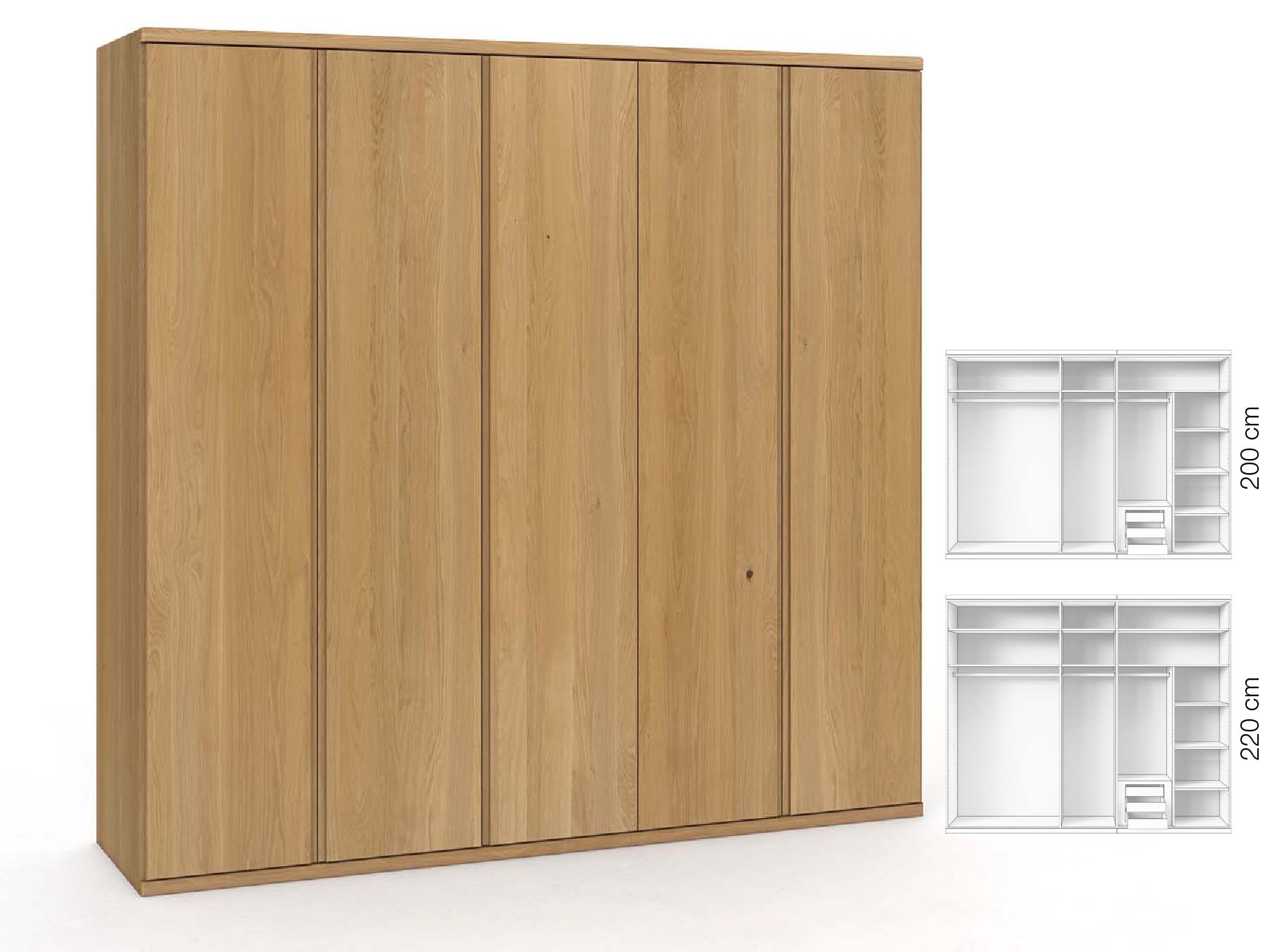 Eichenschrank Hell „Valentin“, 5-türig, Höhe 220 cm, Griffausführung „Patrizia“, Inneneinrichtung: D