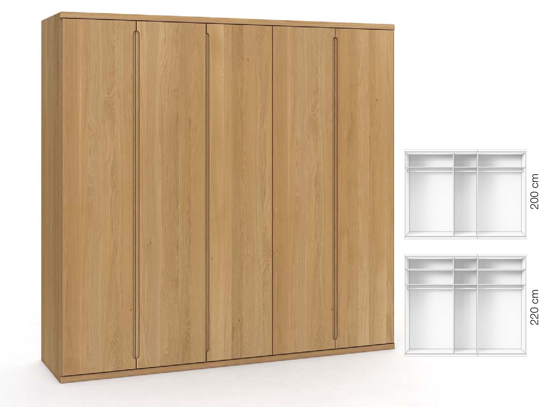 Eichenschrank Hell „Valentin“, 5-türig, Höhe 220 cm, Griffausführung „Lukas“, Inneneinrichtung: A