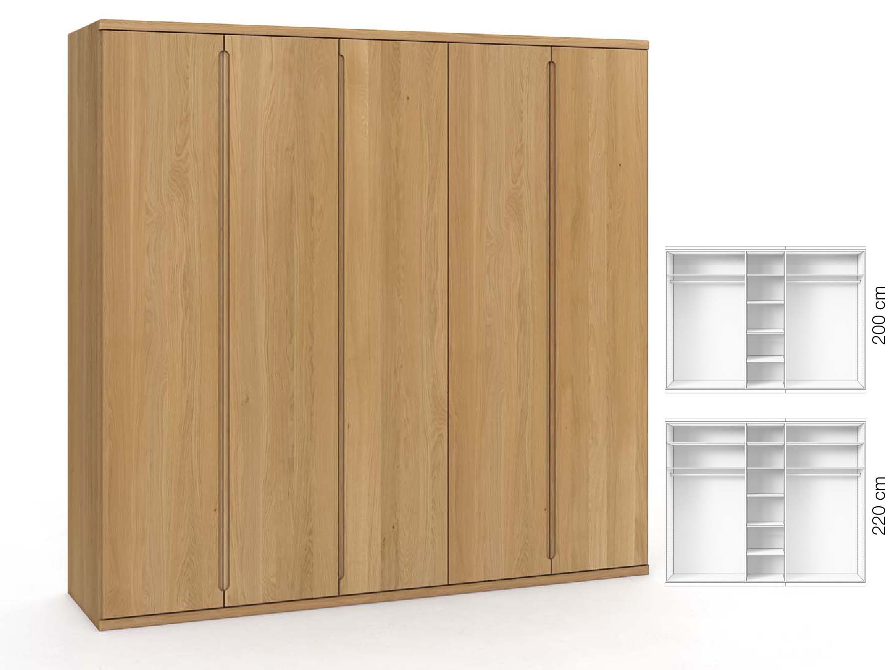 Eichenschrank Hell „Valentin“, 5-türig, Höhe 220 cm, Griffausführung „Lukas“, Inneneinrichtung: B