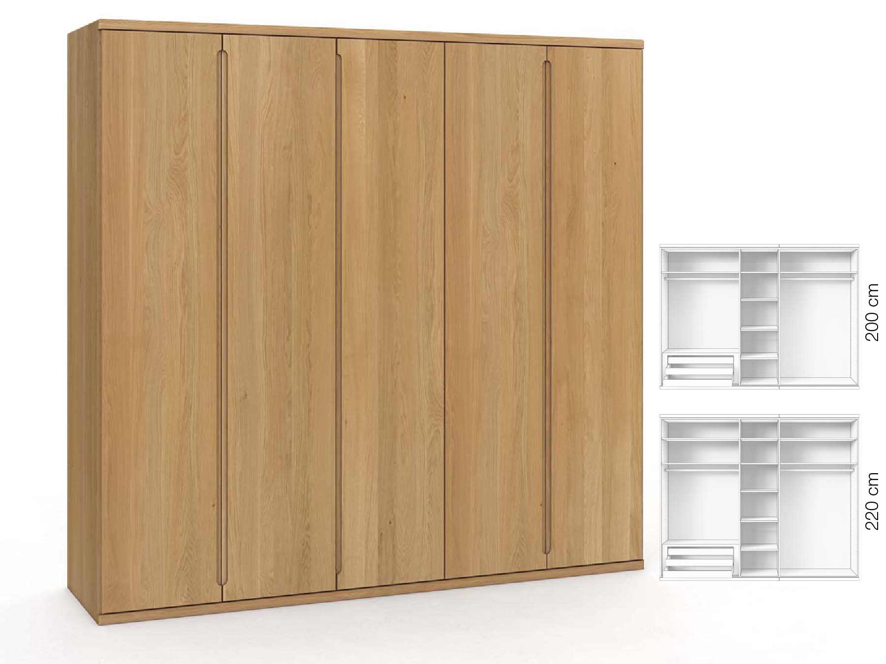 Eichenschrank Hell „Valentin“, 5-türig, Höhe 220 cm, Griffausführung „Lukas“, Inneneinrichtung: C