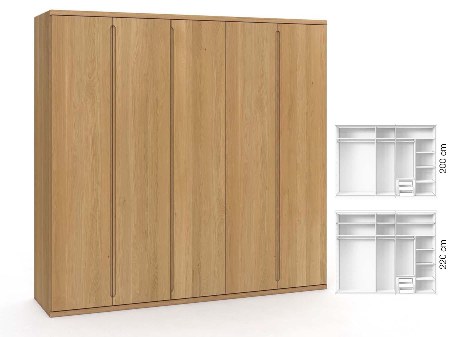 Eichenschrank Hell „Valentin“, 5-türig, Höhe 220 cm, Griffausführung „Lukas“, Inneneinrichtung: D