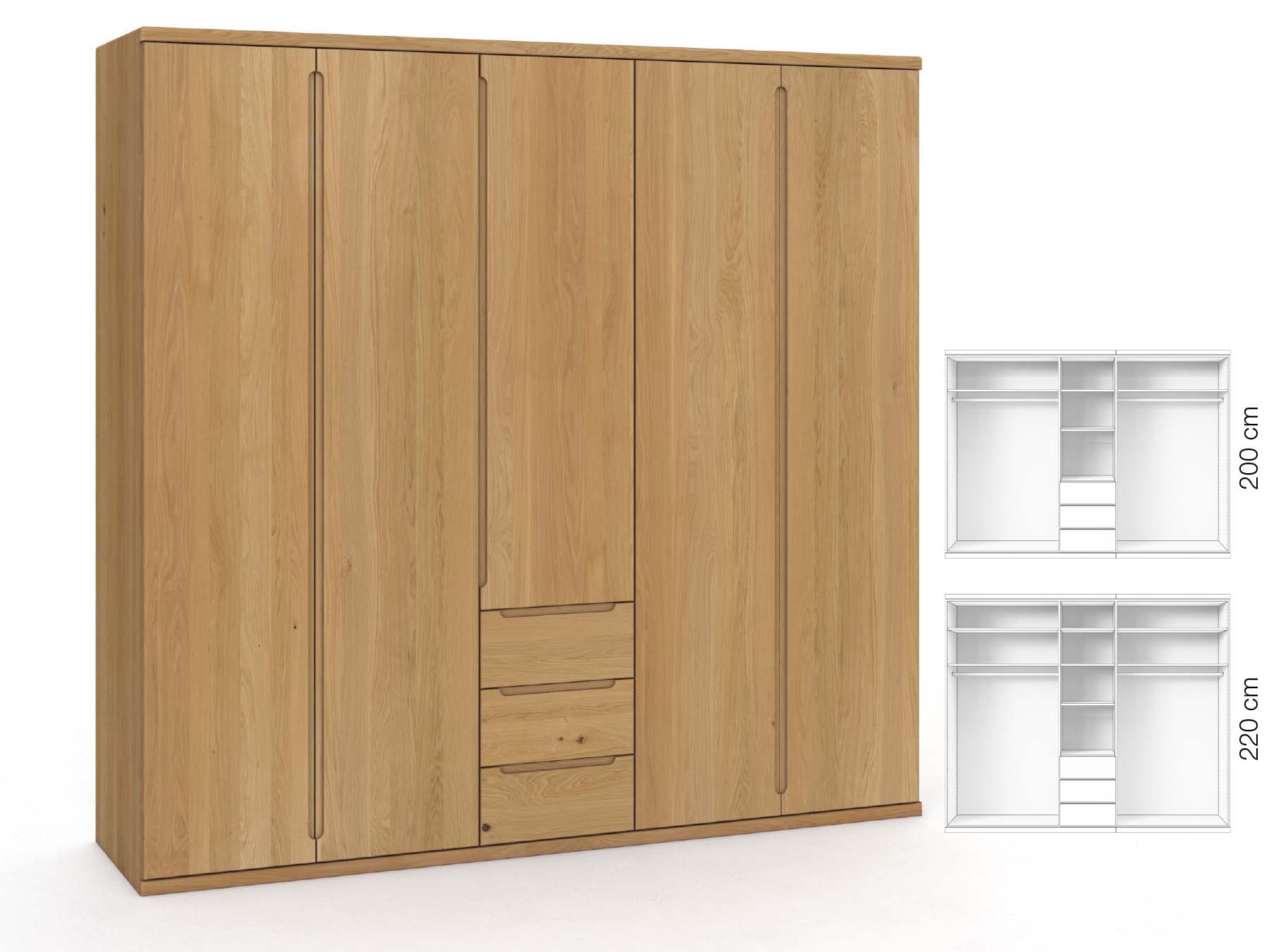 Eichenschrank Hell „Valentin“, 5-türig, Höhe 220 cm, Griffausführung „Lukas“, Inneneinrichtung: E