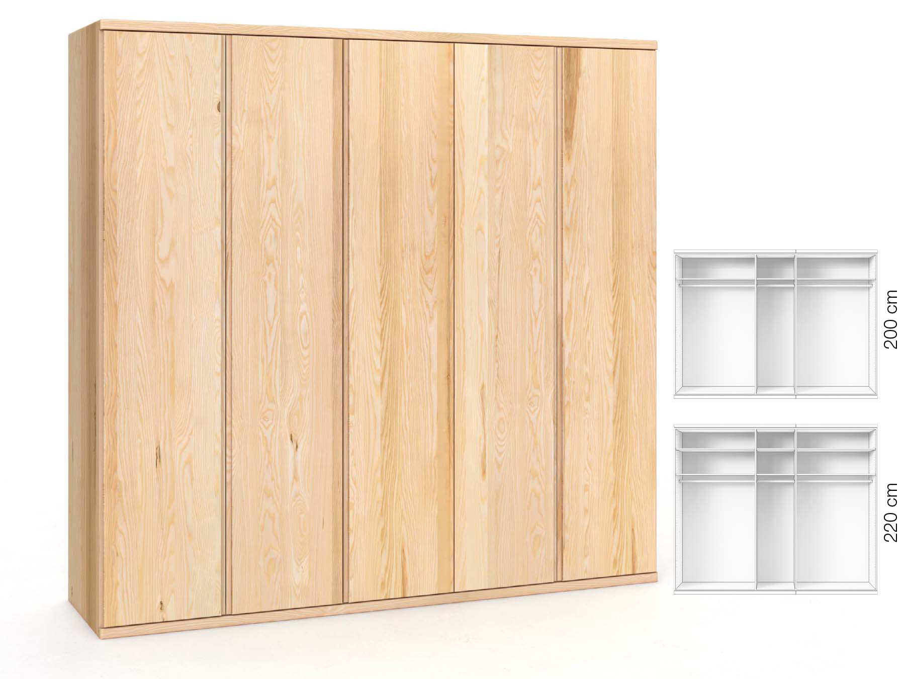 Eschenschrank „Valentin“, 5-türig, Höhe 220 cm, Griffausführung „Patrizia“, Inneneinrichtung: A