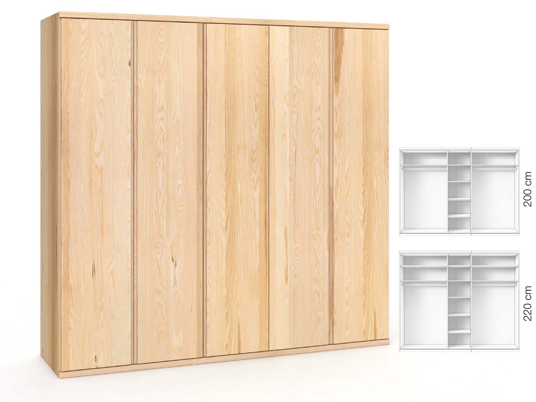 Eschenschrank „Valentin“, 5-türig, Höhe 220 cm, Griffausführung „Patrizia“, Inneneinrichtung: B