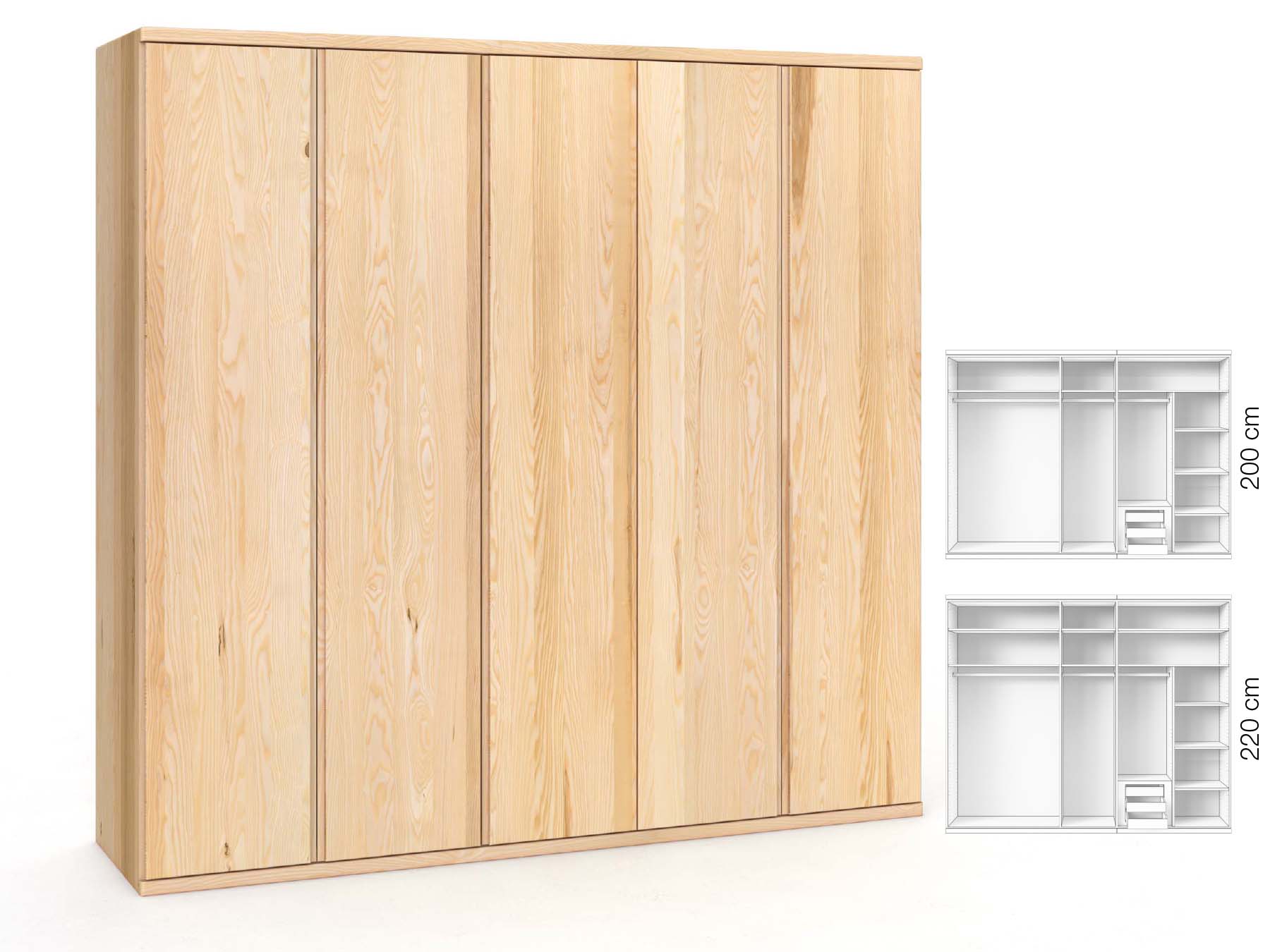 Eschenschrank „Valentin“, 5-türig, Höhe 220 cm, Griffausführung „Patrizia“, Inneneinrichtung: D