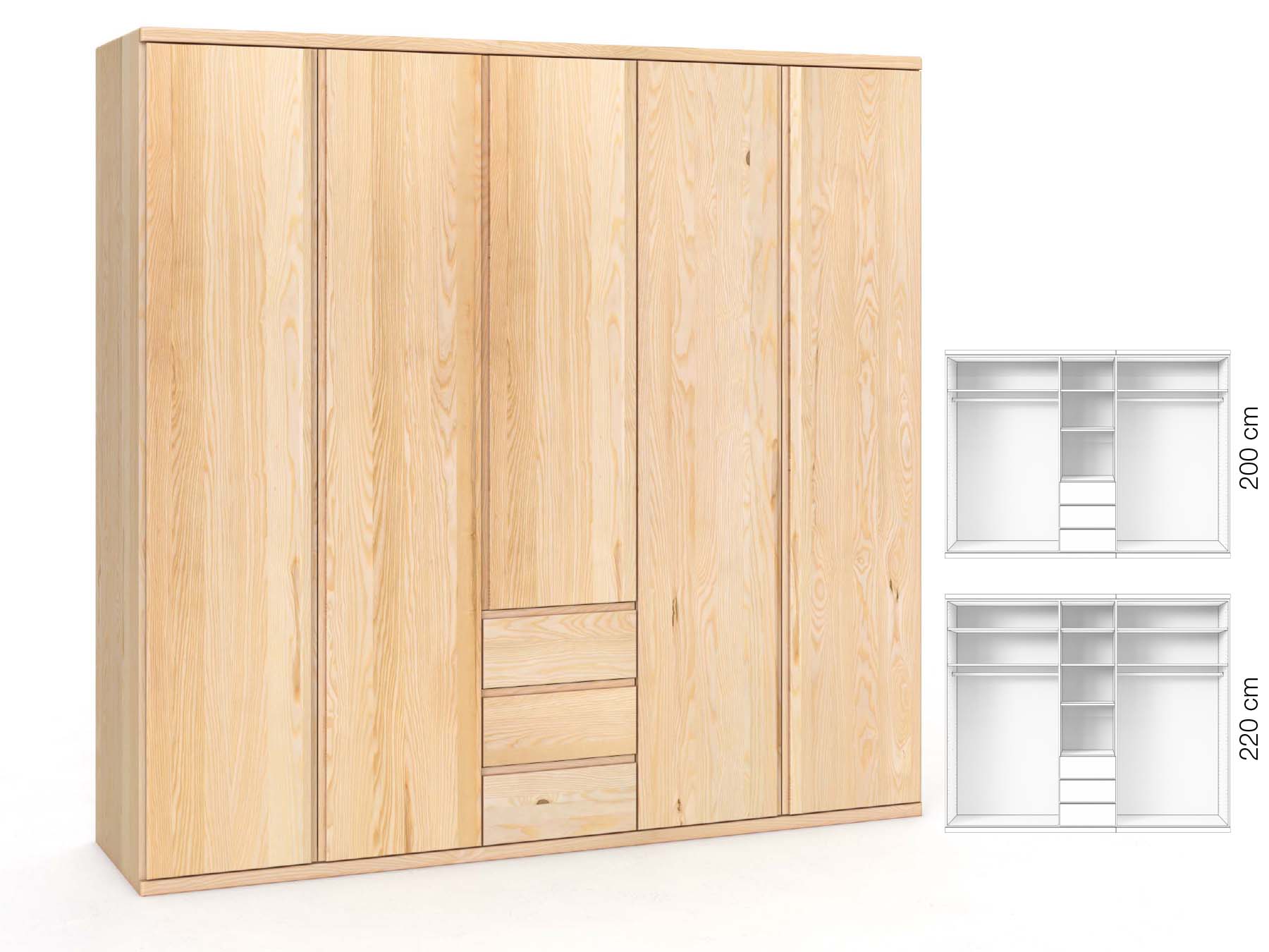 Eschenschrank „Valentin“, 5-türig, Höhe 220 cm, Griffausführung „Patrizia“, Inneneinrichtung: E