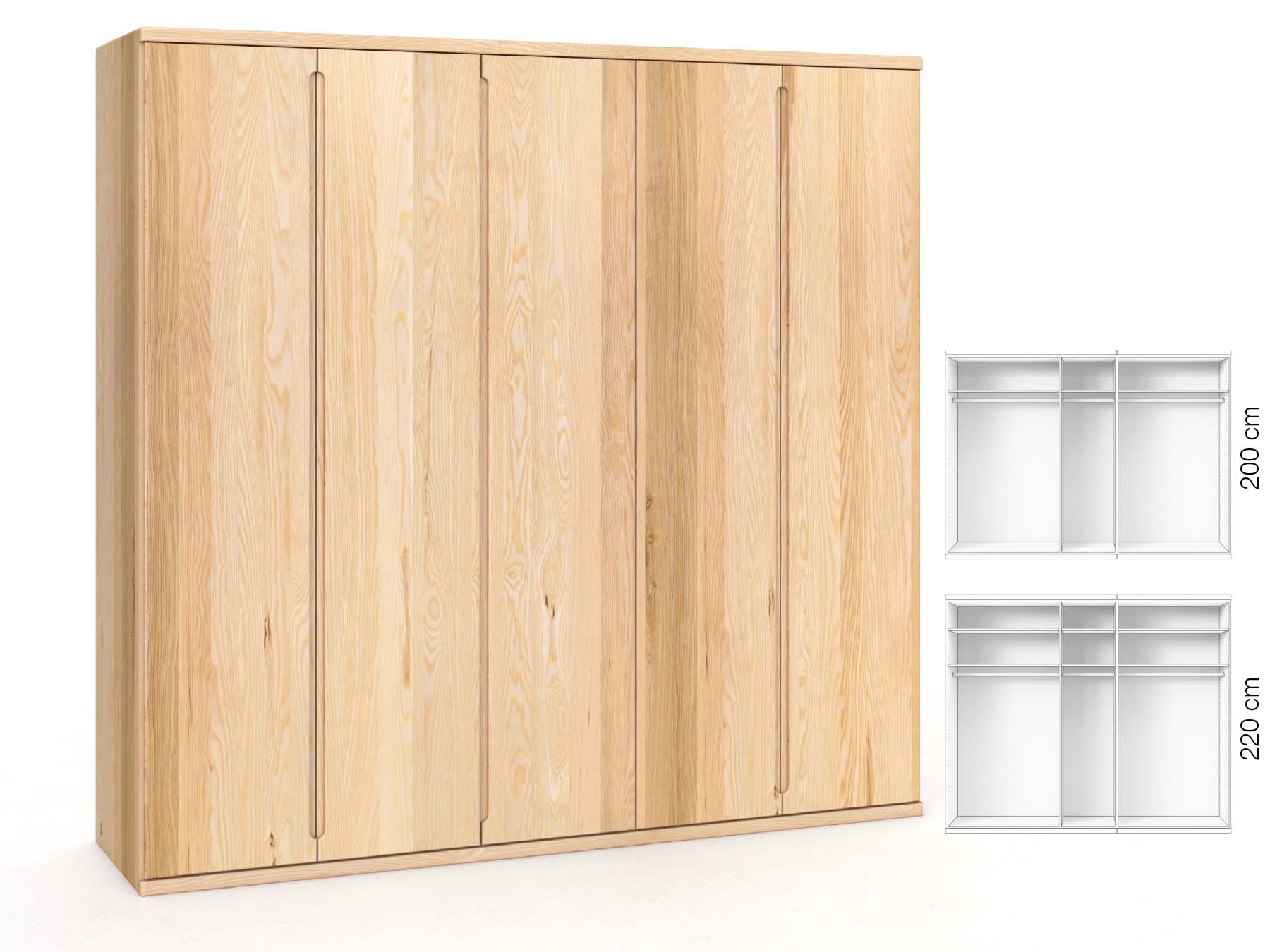 Eschenschrank „Valentin“, 5-türig, Höhe 220 cm, Griffausführung „Lukas“, Inneneinrichtung: A