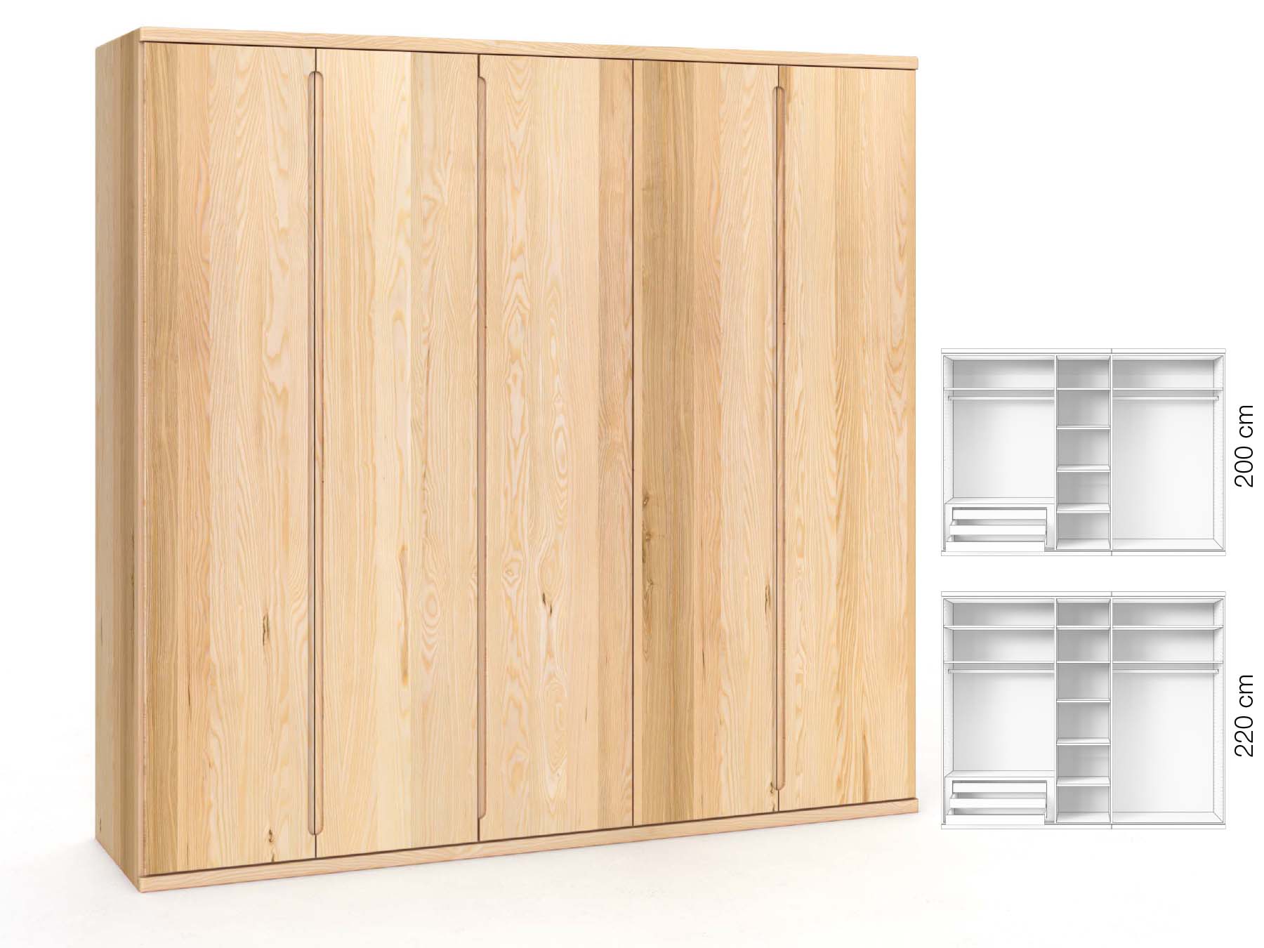 Eschenschrank „Valentin“, 5-türig, Höhe 220 cm, Griffausführung „Lukas“, Inneneinrichtung: C