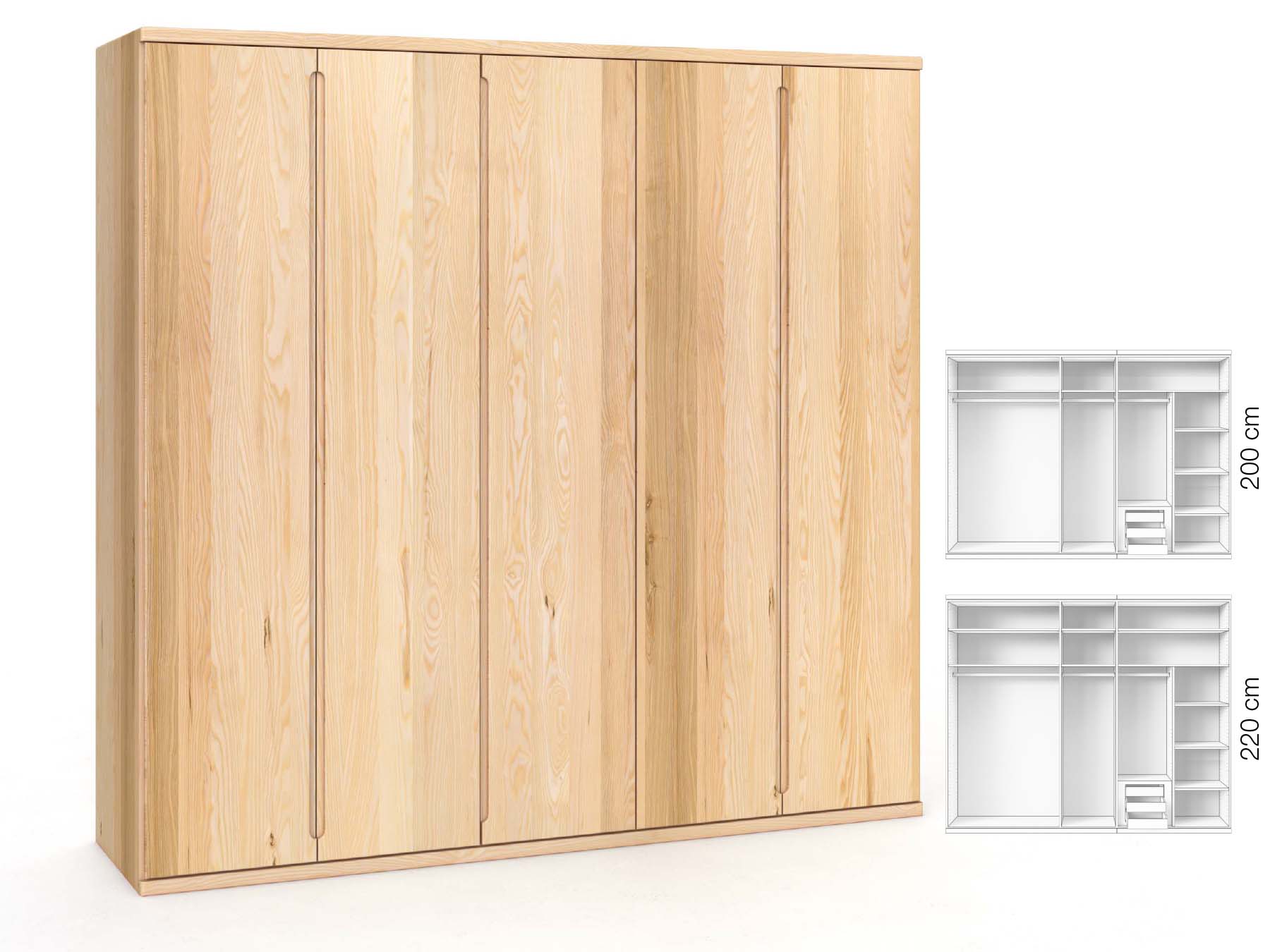 Eschenschrank „Valentin“, 5-türig, Höhe 220 cm, Griffausführung „Lukas“, Inneneinrichtung: D