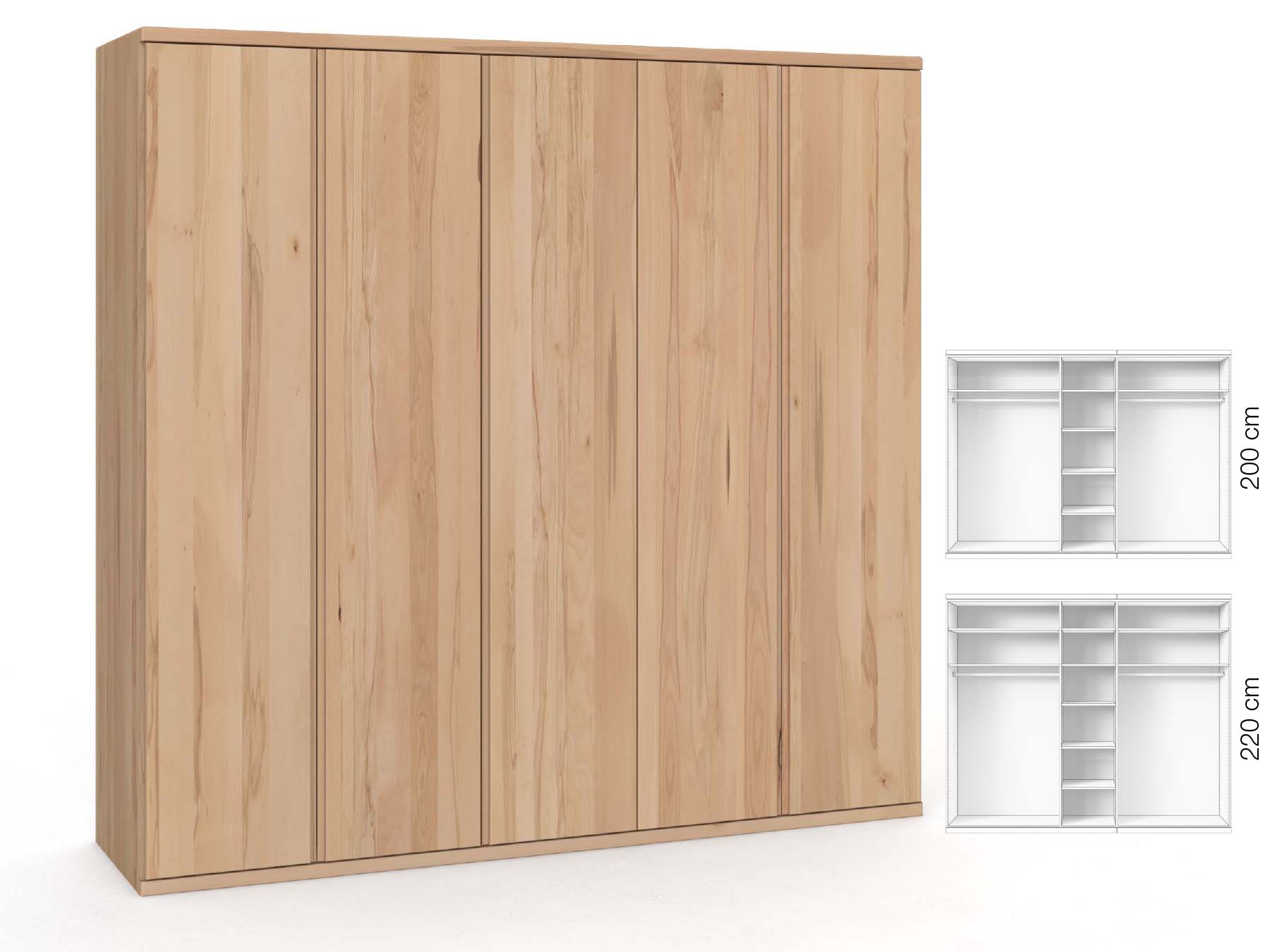 Buchenschrank „Valentin“, 5-türig, Höhe 220 cm, Griffausführung „Patrizia“, Inneneinrichtung: B