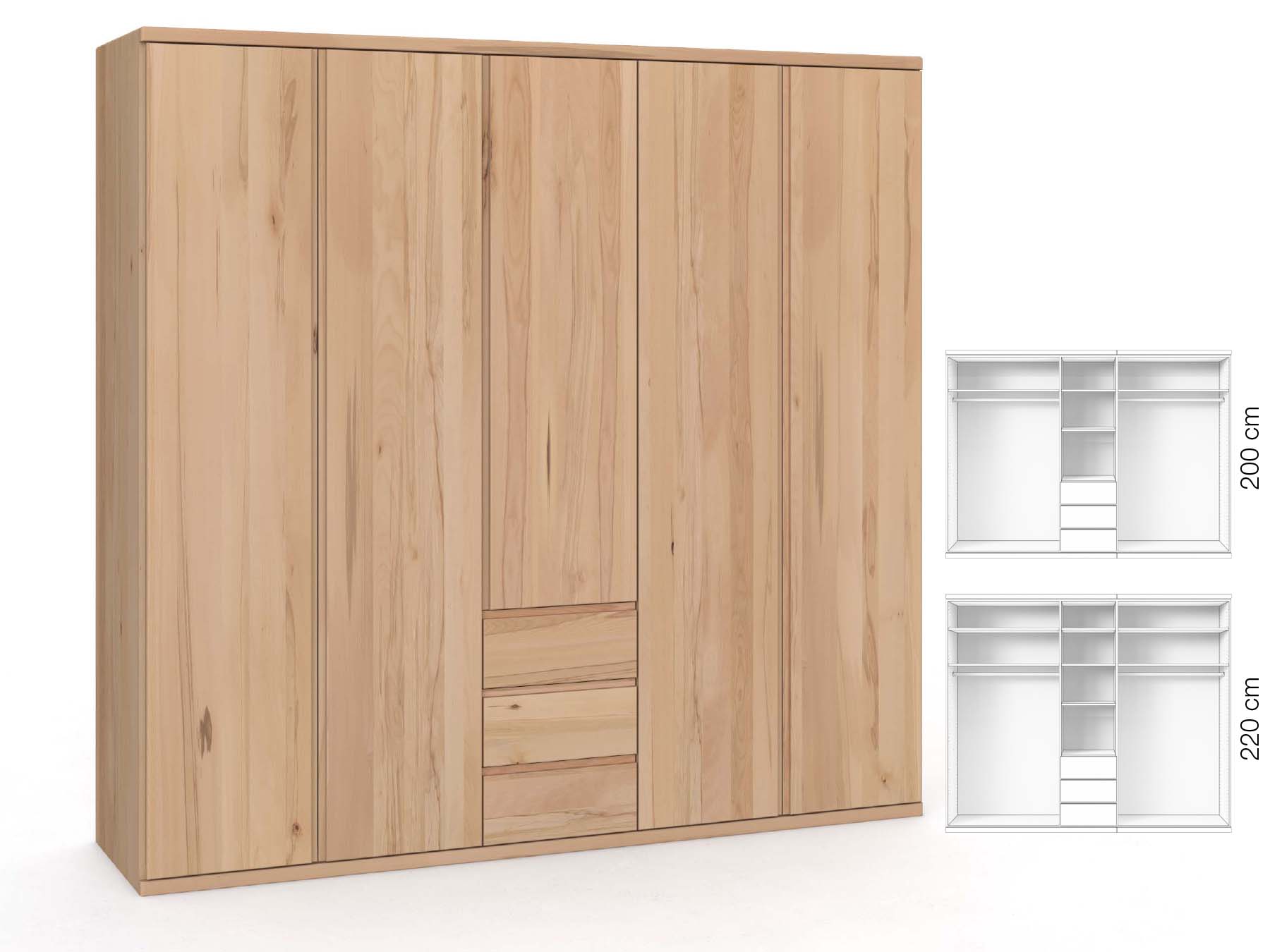 Buchenschrank „Valentin“, 5-türig, Höhe 220 cm, Griffausführung „Patrizia“, Inneneinrichtung: E