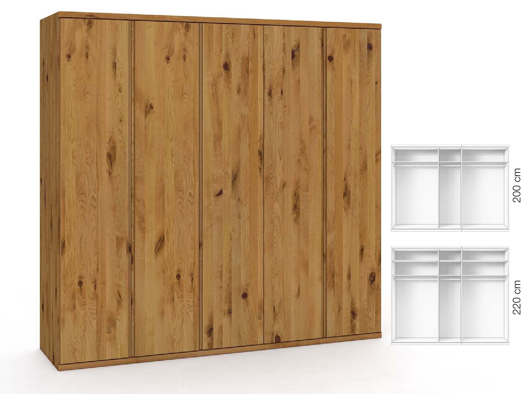 Wildeichenschrank „Valentin“, 5-türig, Höhe 220 cm, Griffausführung „Patrizia“, Inneneinrichtung: A