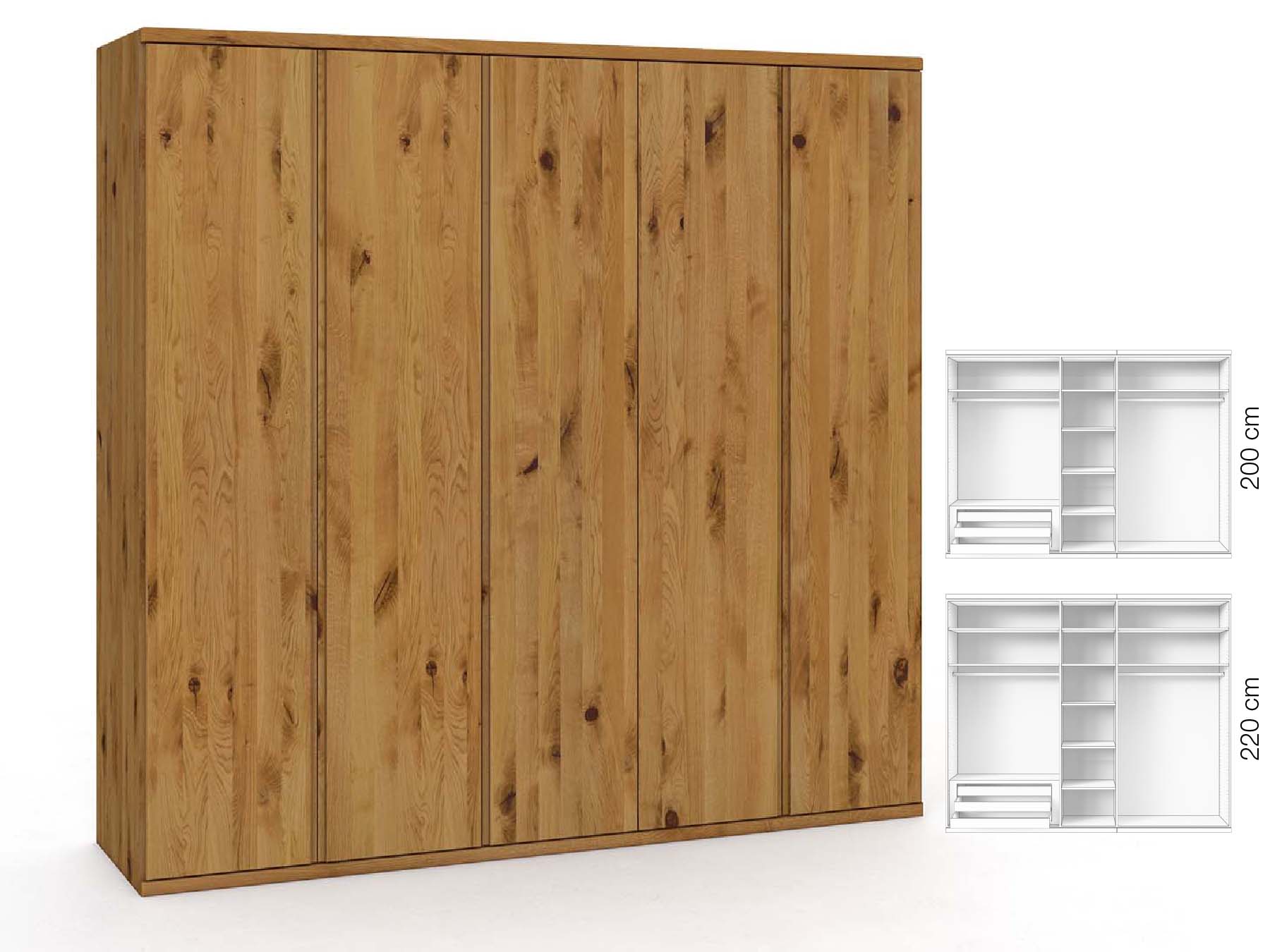 Wildeichenschrank „Valentin“, 5-türig, Höhe 220 cm, Griffausführung „Patrizia“, Inneneinrichtung: C