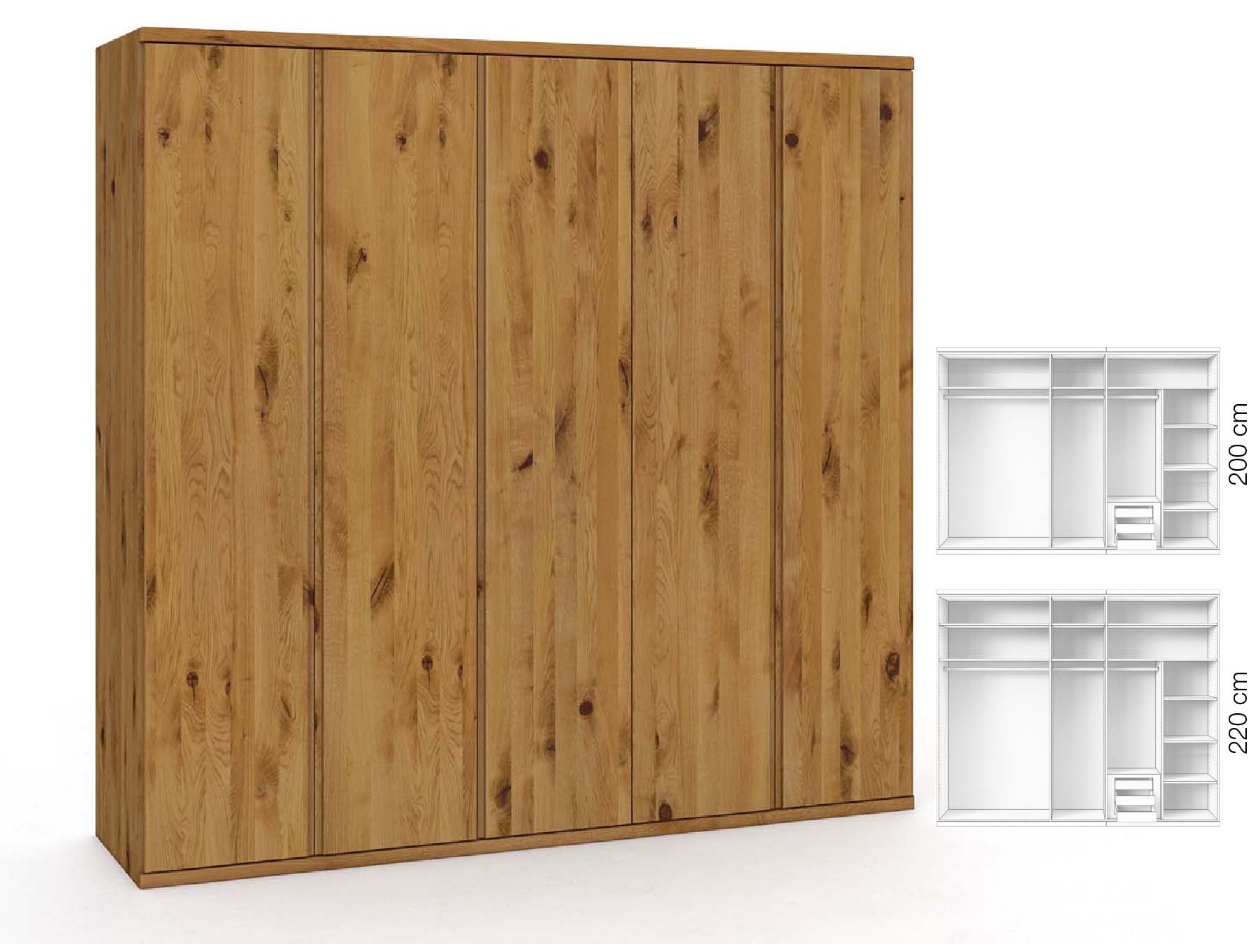 Wildeichenschrank „Valentin“, 5-türig, Höhe 220 cm, Griffausführung „Patrizia“, Inneneinrichtung: D