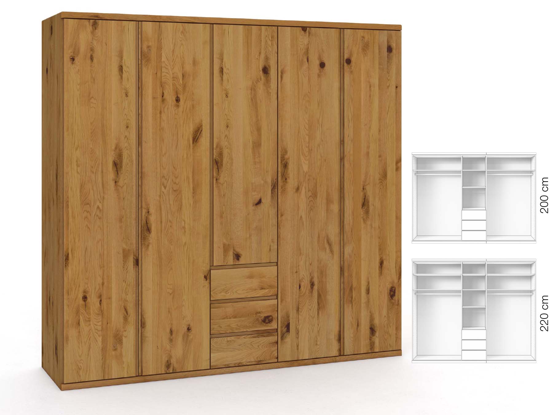 Wildeichenschrank „Valentin“, 5-türig, Höhe 220 cm, Griffausführung „Patrizia“, Inneneinrichtung: E