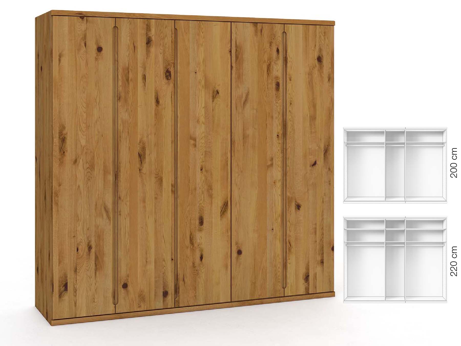 Wildeichenschrank „Valentin“, 5-türig, Höhe 220 cm, Griffausführung „Lukas“, Inneneinrichtung: A