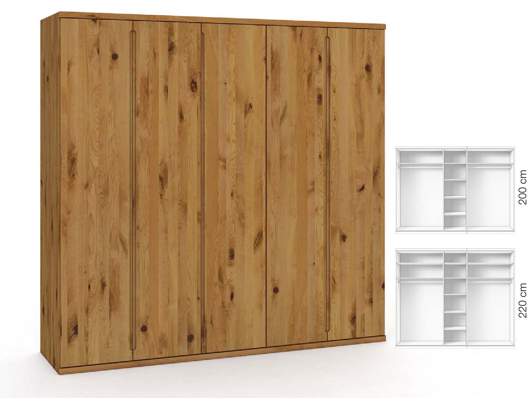 Wildeichenschrank „Valentin“, 5-türig, Höhe 220 cm, Griffausführung „Lukas“, Inneneinrichtung: B