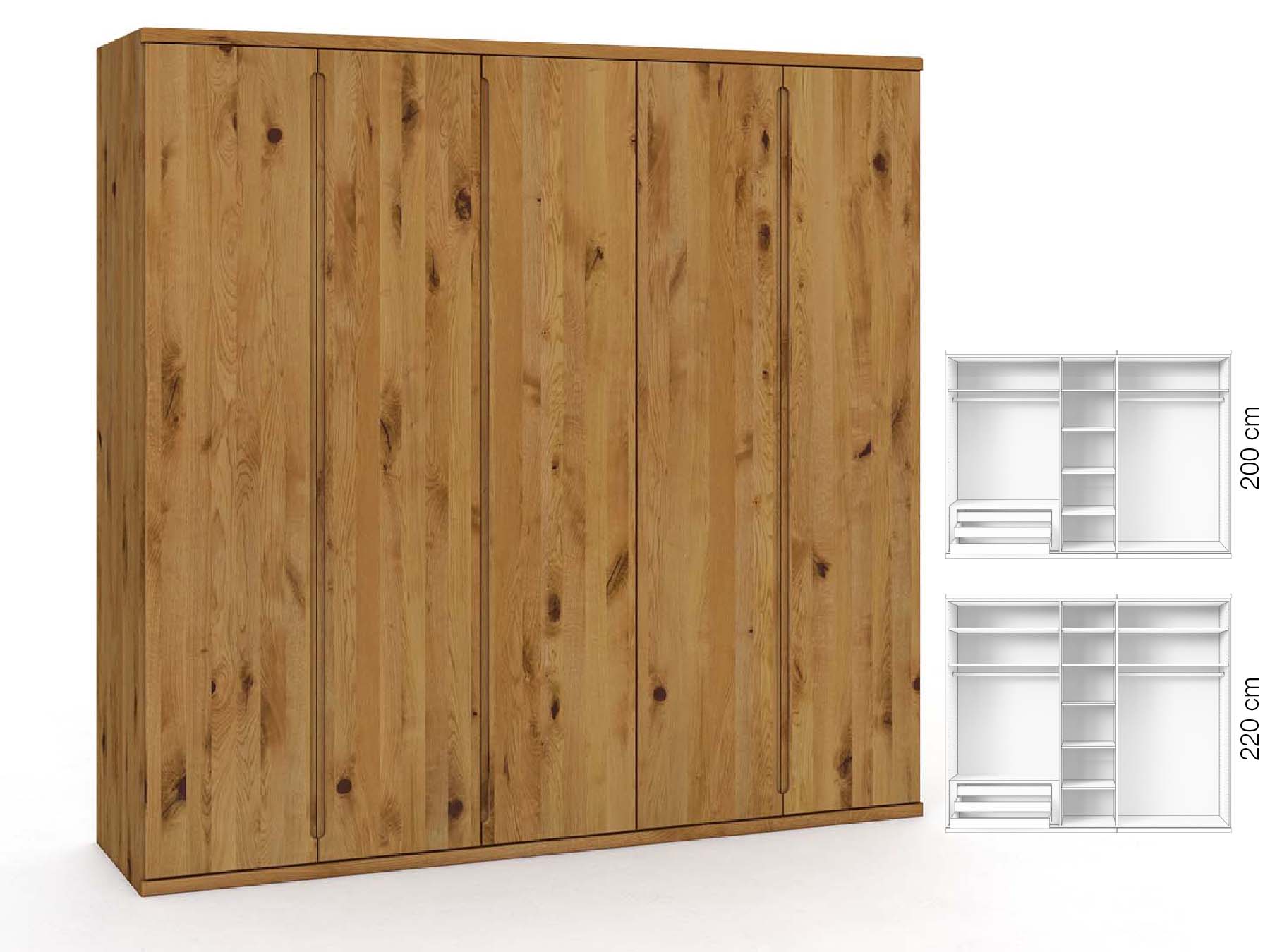 Wildeichenschrank „Valentin“, 5-türig, Höhe 220 cm, Griffausführung „Lukas“, Inneneinrichtung: C