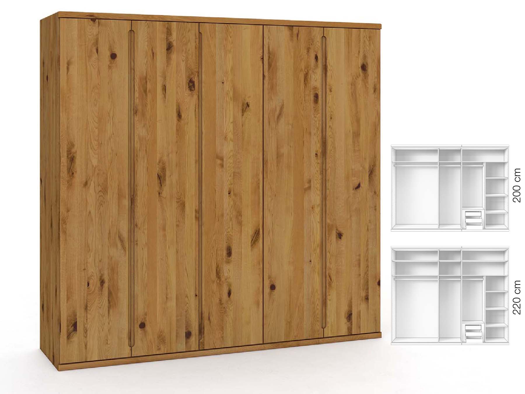 Wildeichenschrank „Valentin“, 5-türig, Höhe 220 cm, Griffausführung „Lukas“, Inneneinrichtung: D