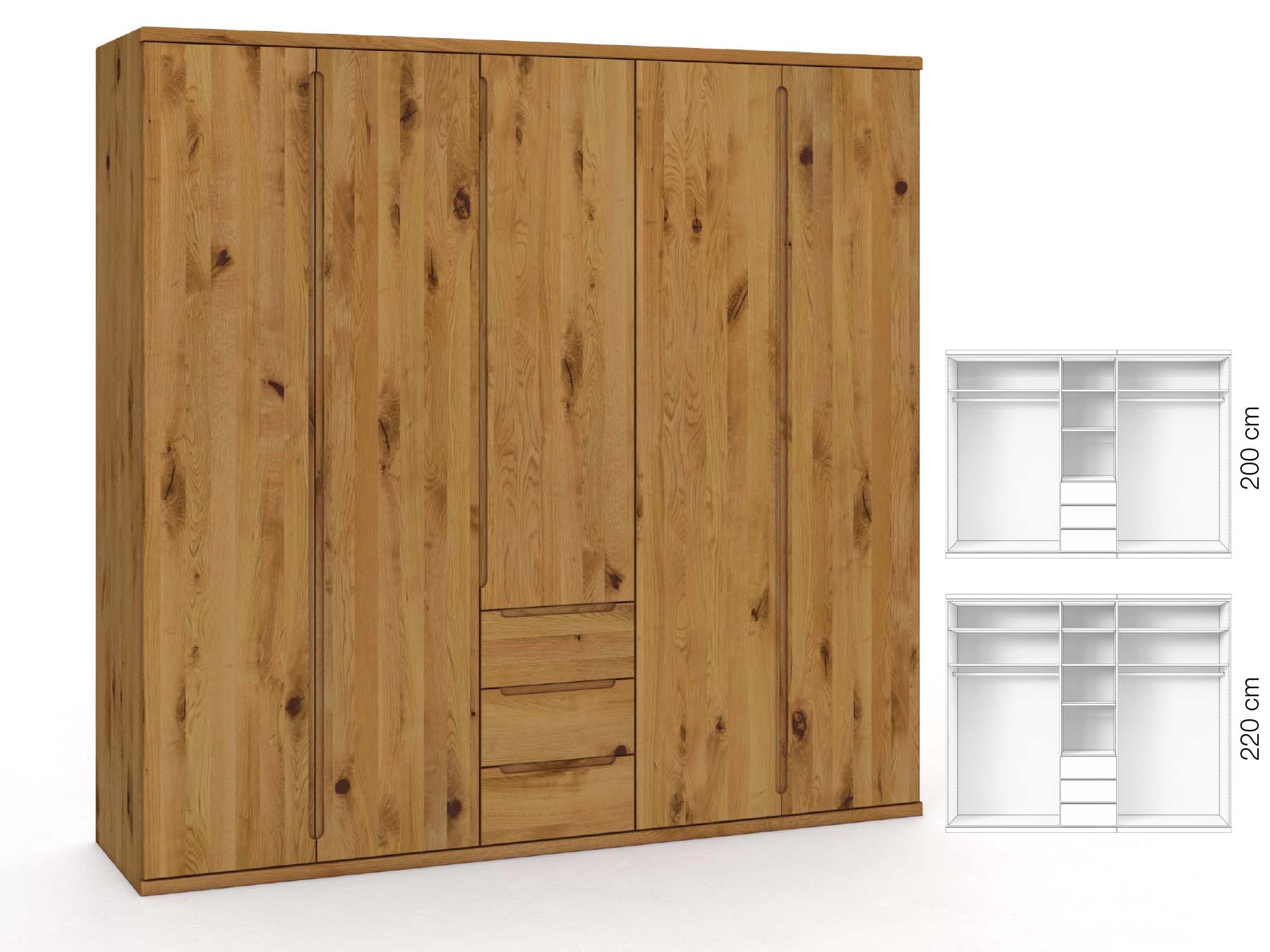 Wildeichenschrank „Valentin“, 5-türig, Höhe 220 cm, Griffausführung „Lukas“, Inneneinrichtung: E