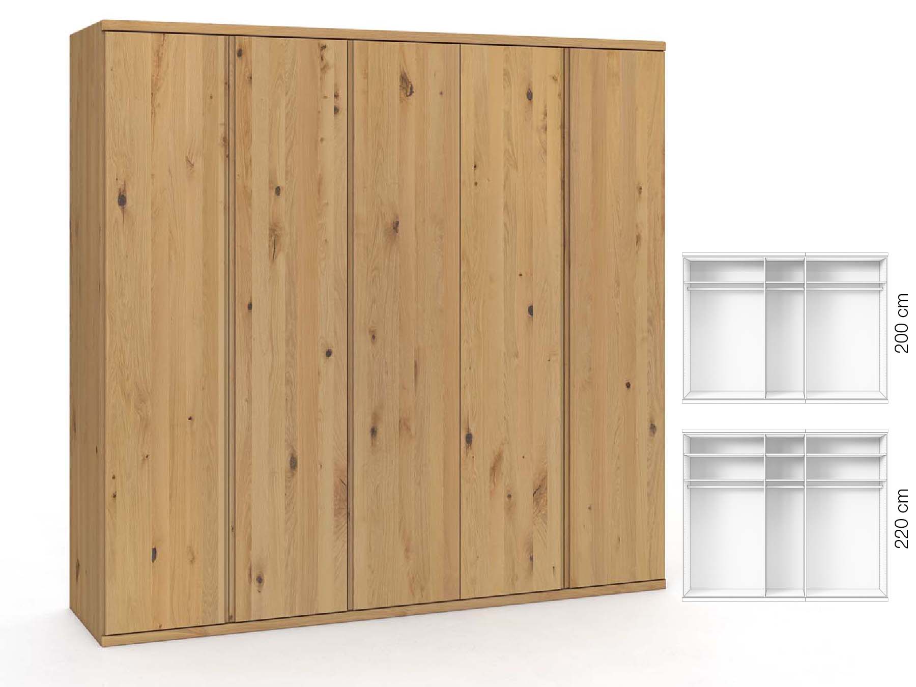 Wildeichenschrank Hell „Valentin“, 5-türig, Höhe 220 cm, Griffausführung „Patrizia“, Inneneinrichtung: A