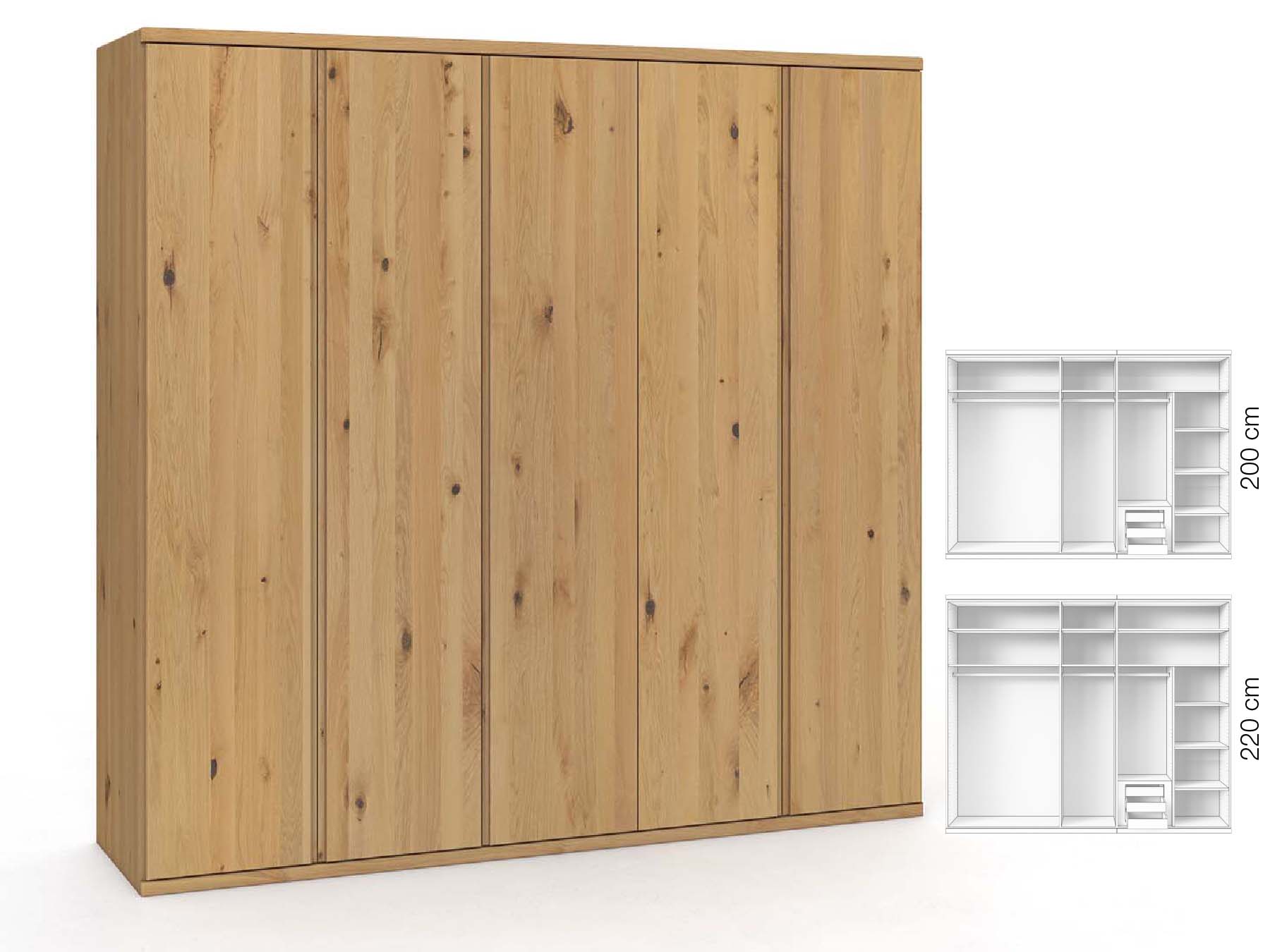 Wildeichenschrank Hell „Valentin“, 5-türig, Höhe 220 cm, Griffausführung „Patrizia“, Inneneinrichtung: D