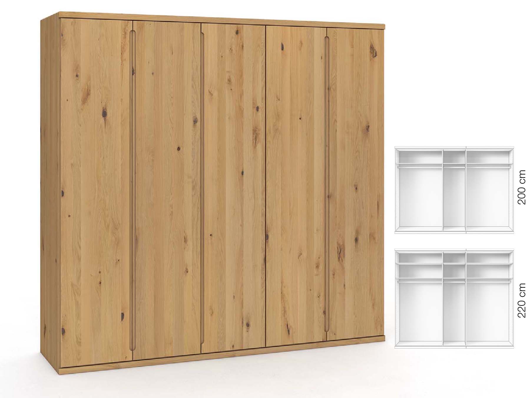 Wildeichenschrank Hell „Valentin“, 5-türig, Höhe 220 cm, Griffausführung „Lukas“, Inneneinrichtung: A