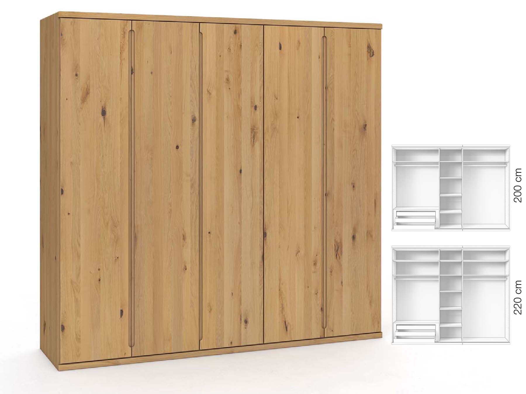 Wildeichenschrank Hell „Valentin“, 5-türig, Höhe 220 cm, Griffausführung „Lukas“, Inneneinrichtung: C