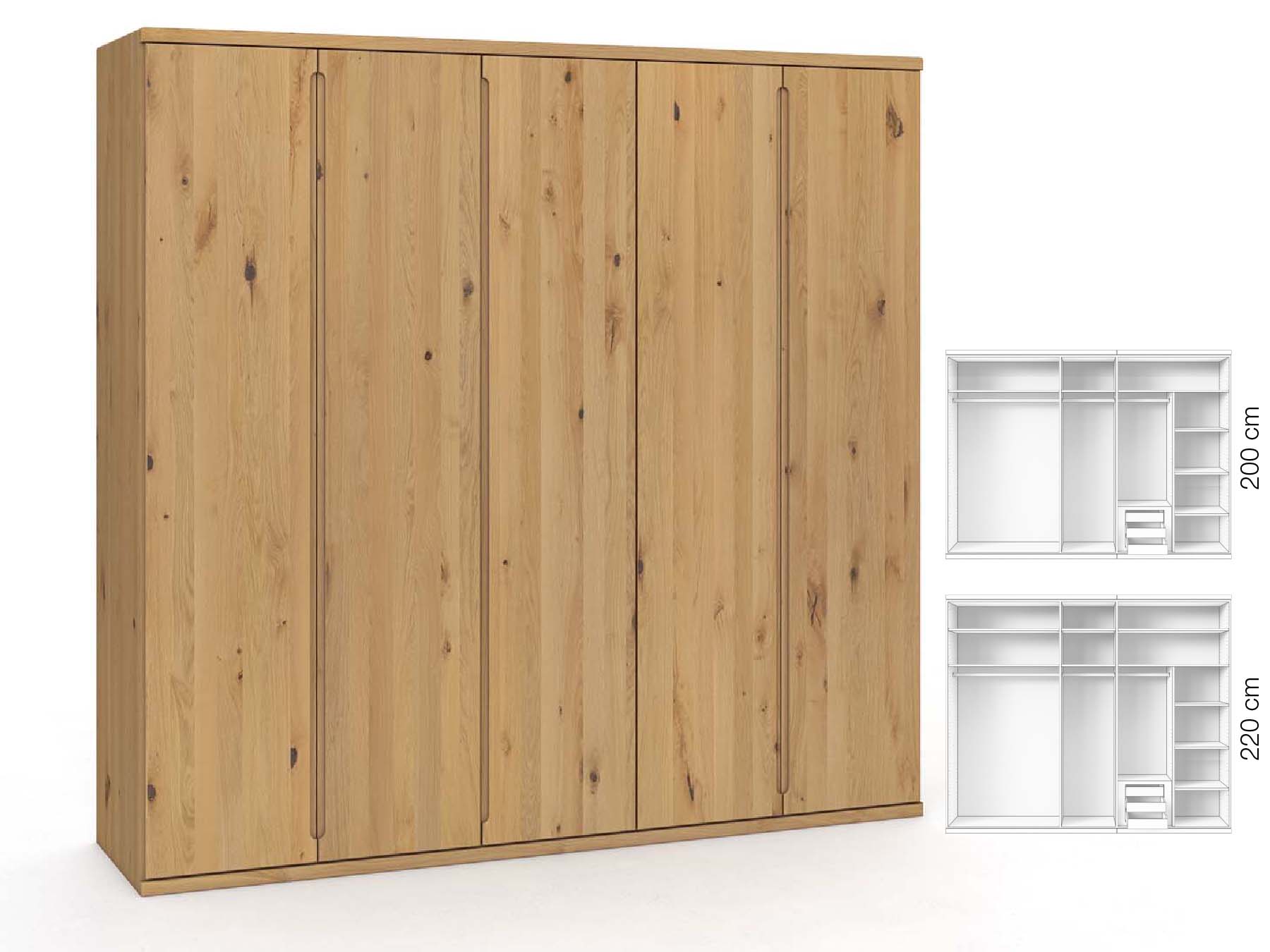 Wildeichenschrank Hell „Valentin“, 5-türig, Höhe 220 cm, Griffausführung „Lukas“, Inneneinrichtung: D