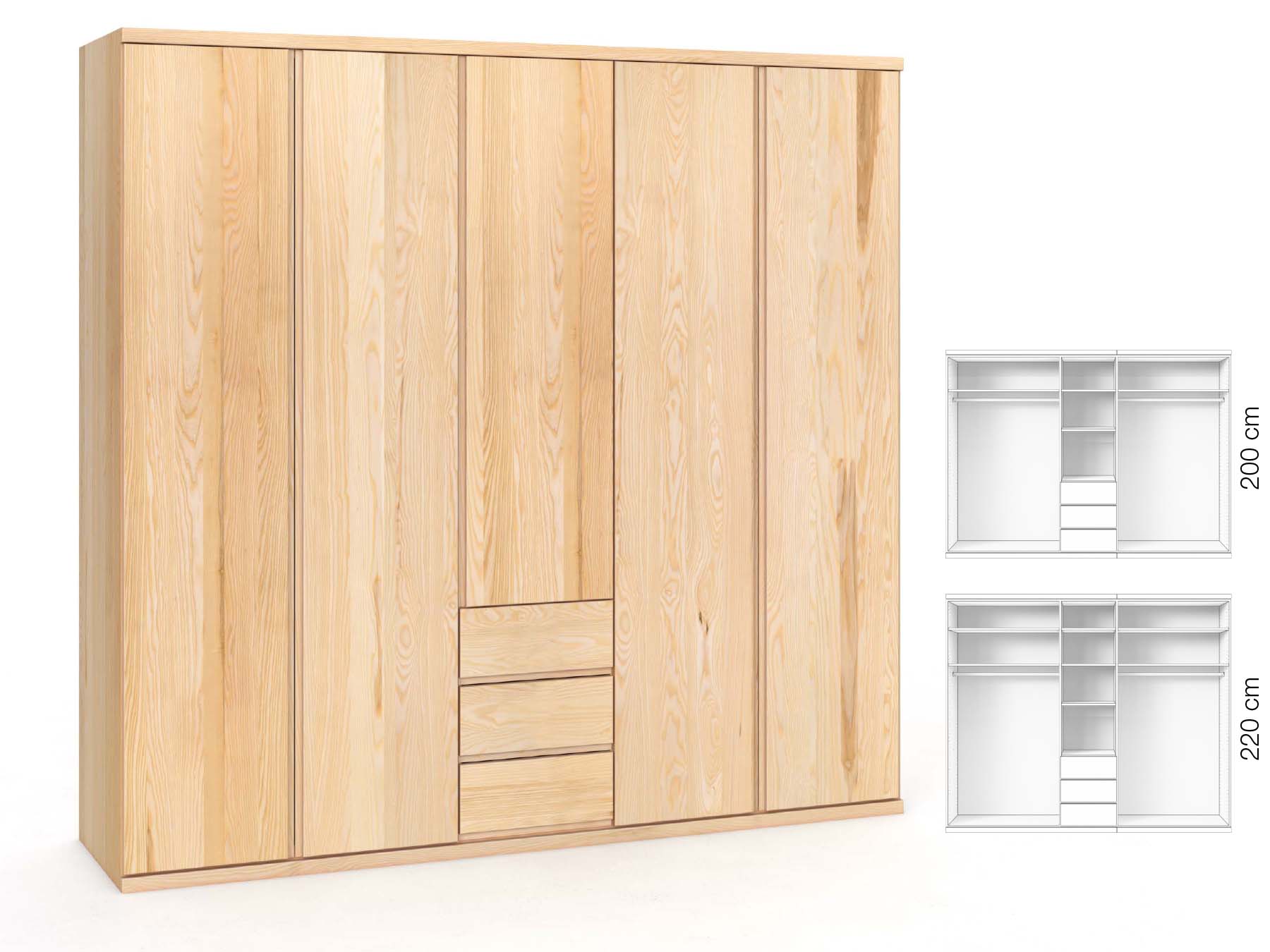 Eschenschrank „Romana“, 5-türig, Höhe 220 cm, Griffausführung „Patrizia“, Inneneinrichtung: E