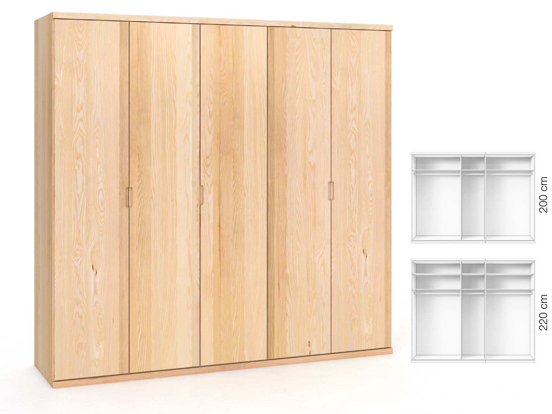 Eschenschrank „Romana“, 5-türig, Höhe 220 cm, Griffausführung „Lukas“, Inneneinrichtung: A