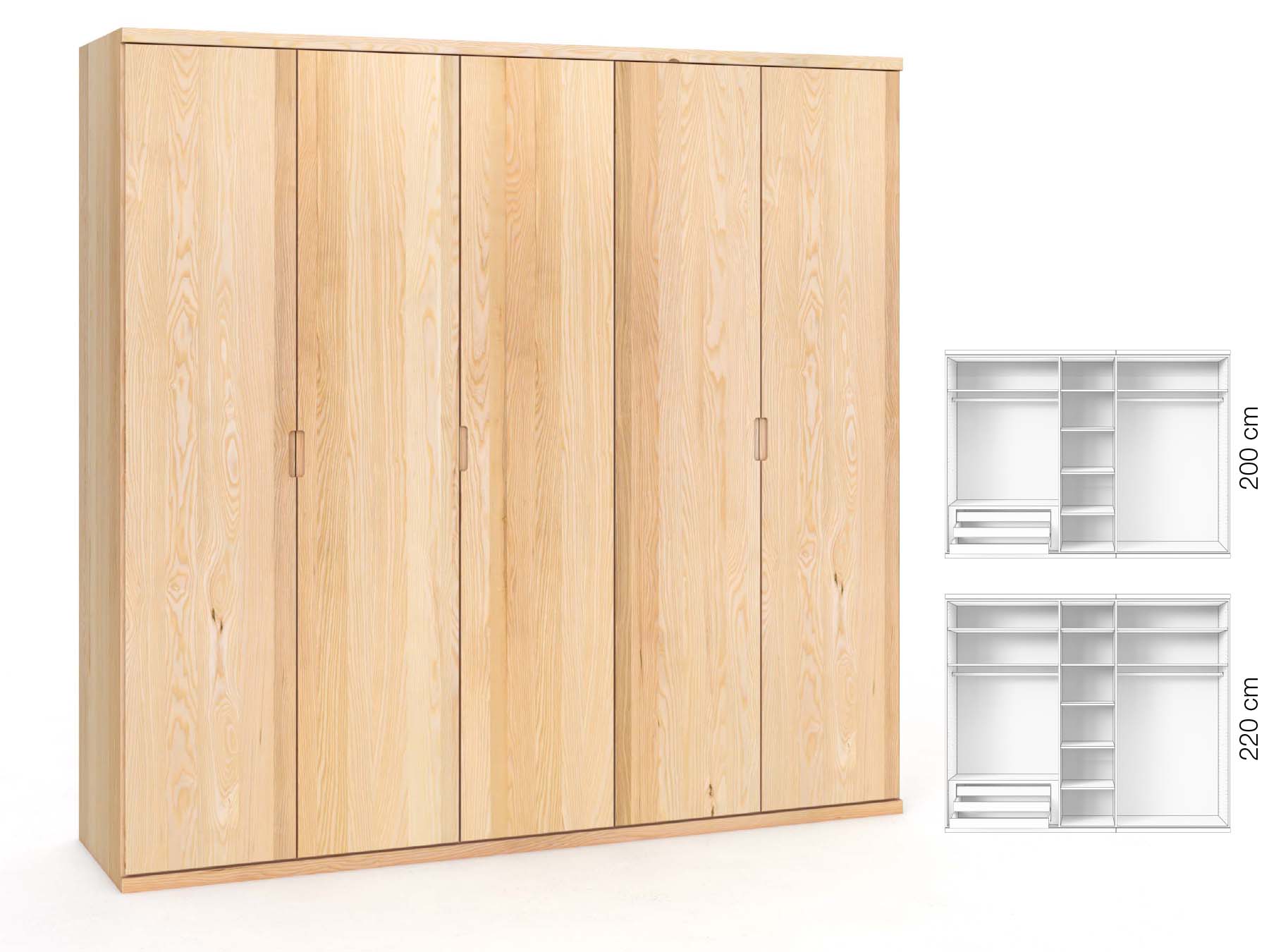 Eschenschrank „Romana“, 5-türig, Höhe 220 cm, Griffausführung „Lukas“, Inneneinrichtung: C