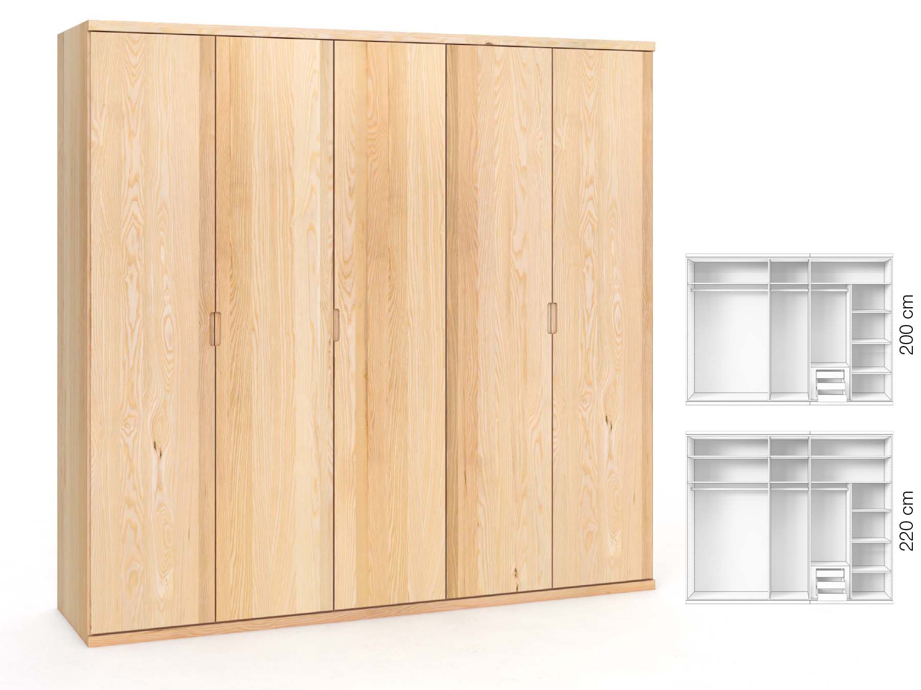 Eschenschrank „Romana“, 5-türig, Höhe 220 cm, Griffausführung „Lukas“, Inneneinrichtung: D