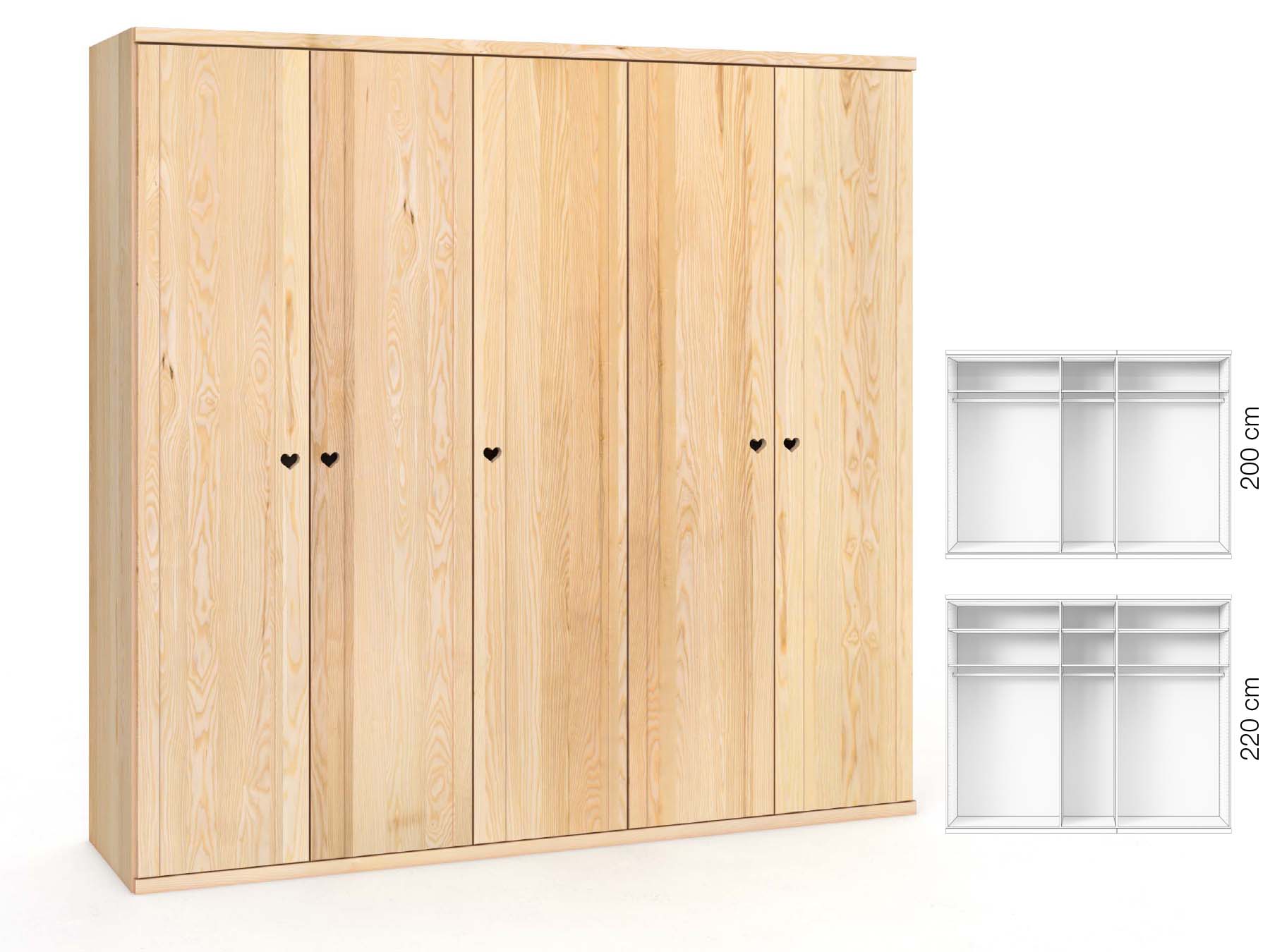 Eschenschrank „Egon“, 5-türig, Höhe 220 cm, Griffausführung „Heidi“, Inneneinrichtung: A