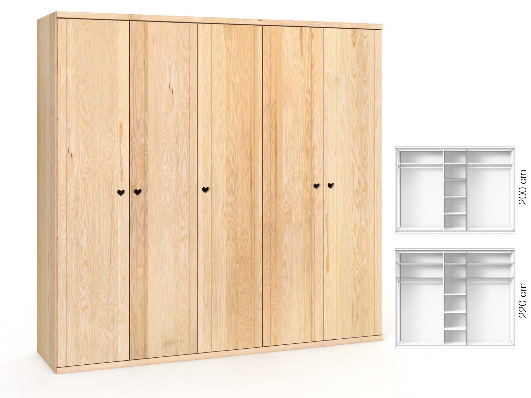 Eschenschrank „Egon“, 5-türig, Höhe 220 cm, Griffausführung „Heidi“, Inneneinrichtung: B