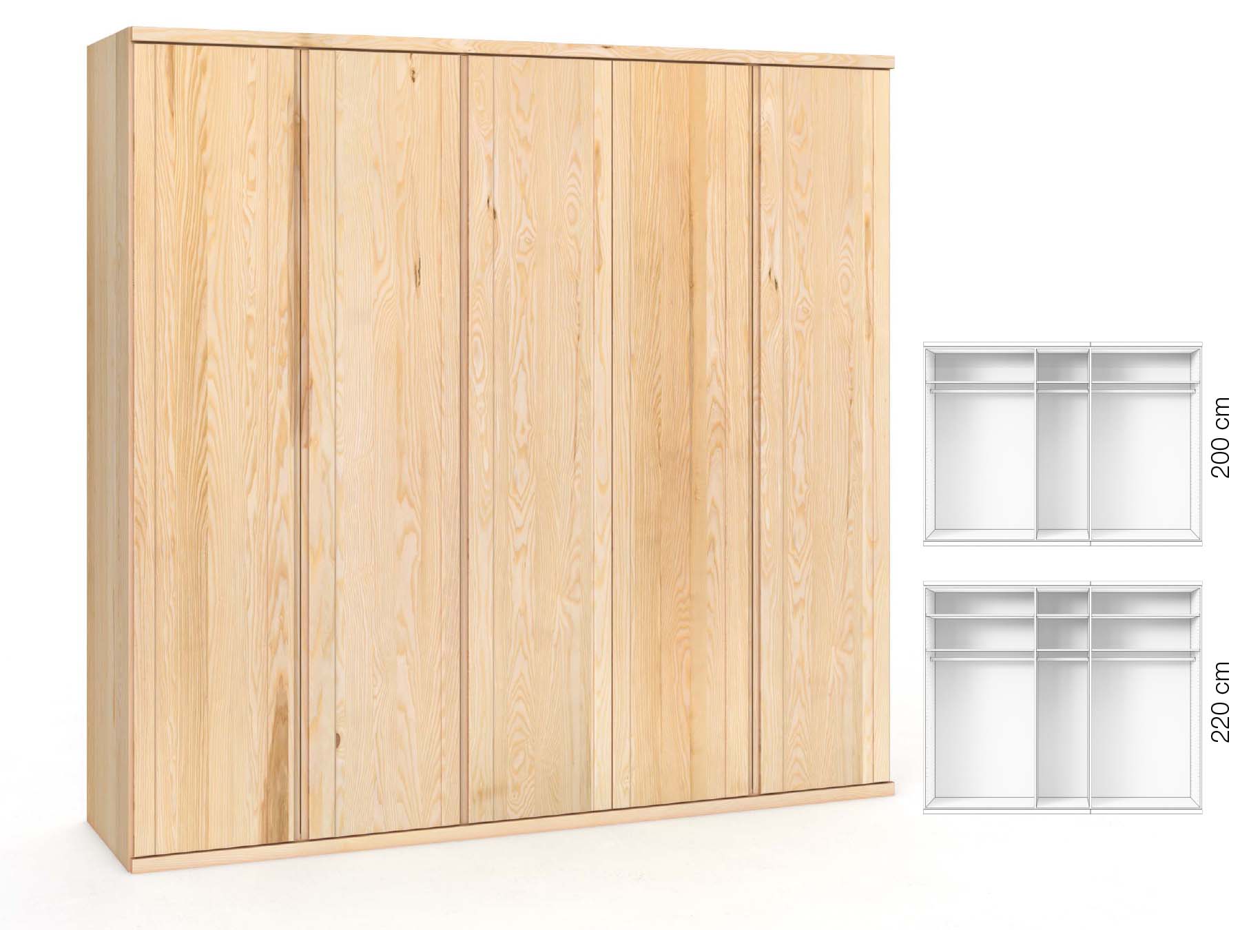 Eschenschrank „Egon“, 5-türig, Höhe 220 cm, Griffausführung „Patrizia“, Inneneinrichtung: A