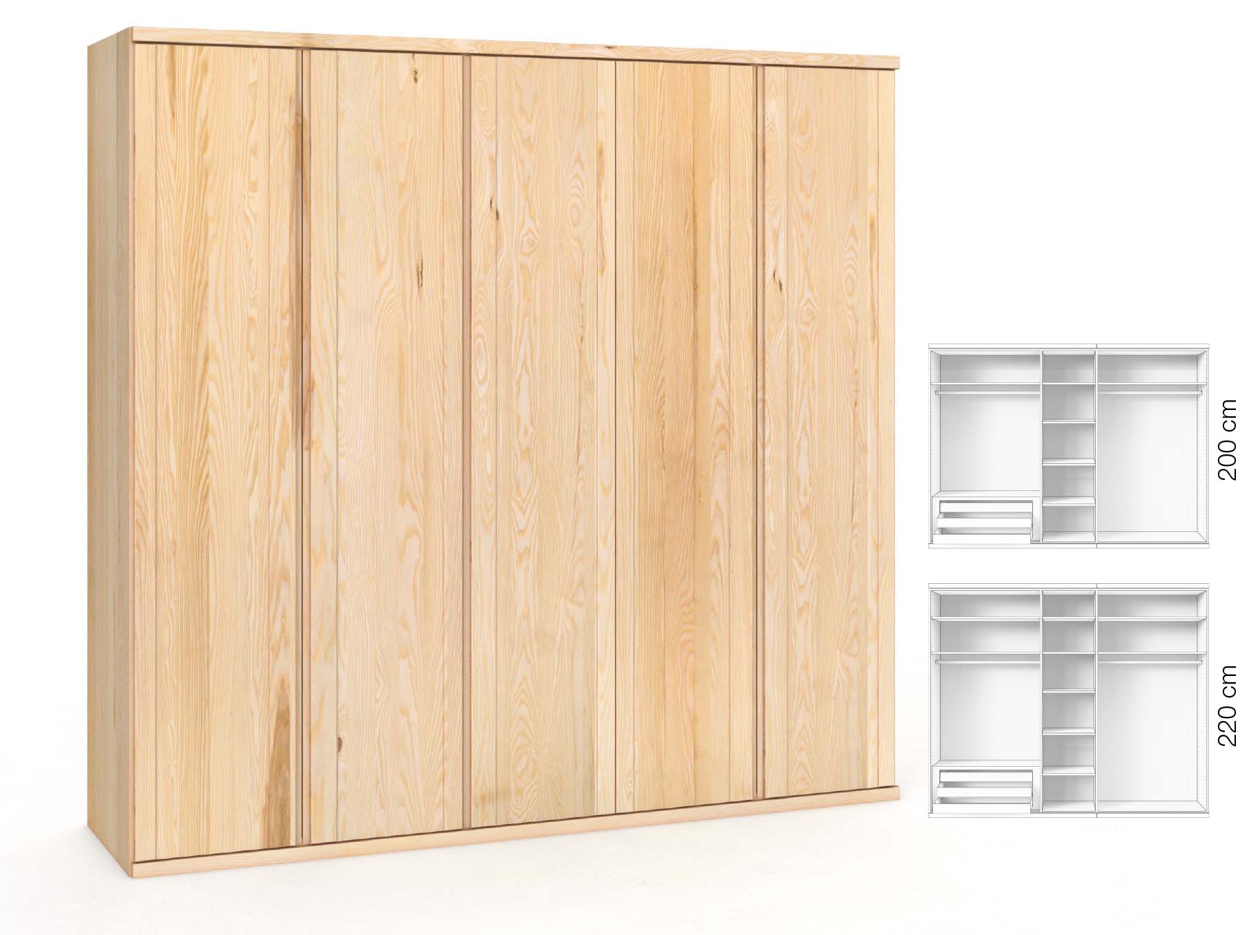 Eschenschrank „Egon“, 5-türig, Höhe 220 cm, Griffausführung „Patrizia“, Inneneinrichtung: C