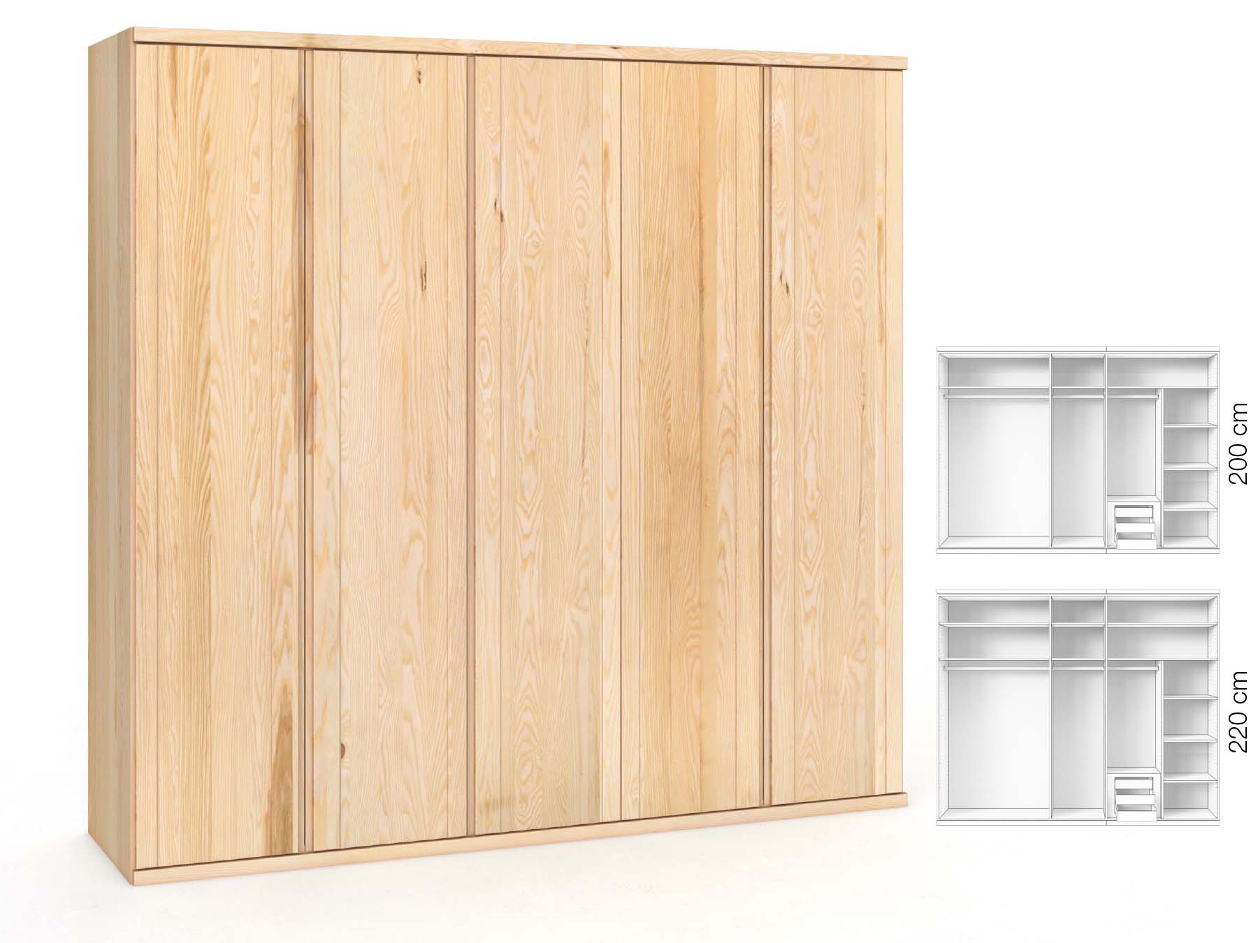 Eschenschrank „Egon“, 5-türig, Höhe 220 cm, Griffausführung „Patrizia“, Inneneinrichtung: D