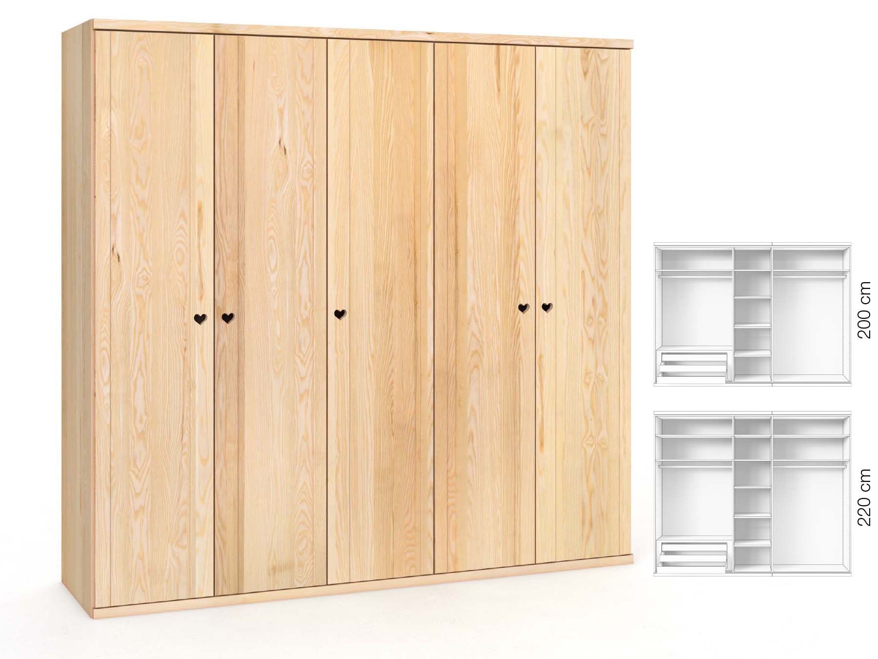 Eschenschrank „Egon“, 5-türig, Höhe 220 cm, Griffausführung „Heidi“, Inneneinrichtung: C