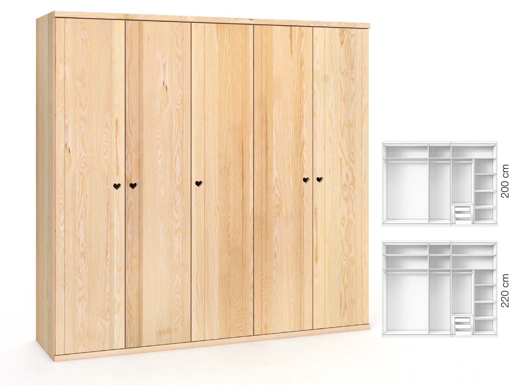 Eschenschrank „Egon“, 5-türig, Höhe 220 cm, Griffausführung „Heidi“, Inneneinrichtung: D