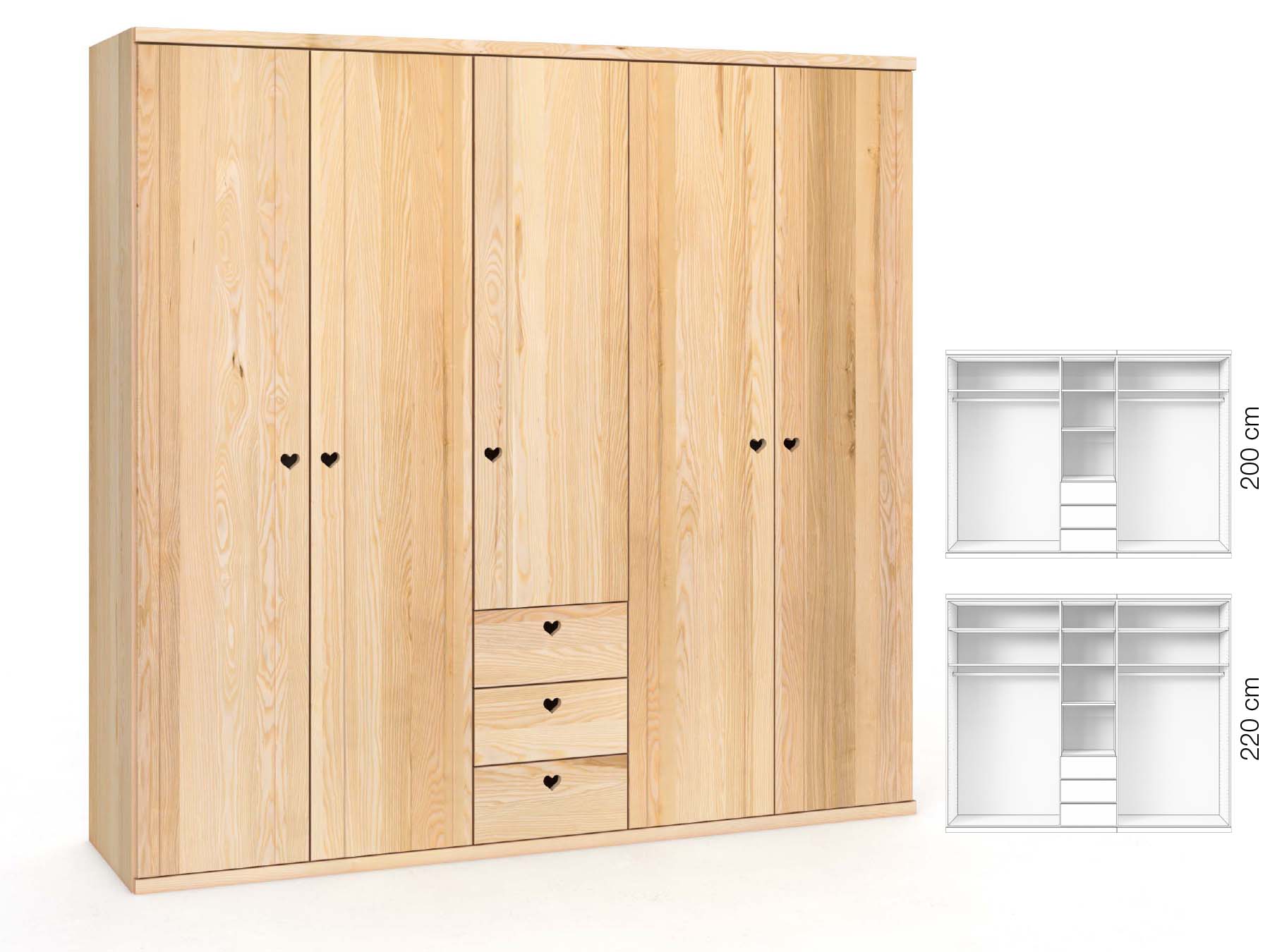 Eschenschrank „Egon“, 5-türig, Höhe 220 cm, Griffausführung „Heidi“, Inneneinrichtung: E
