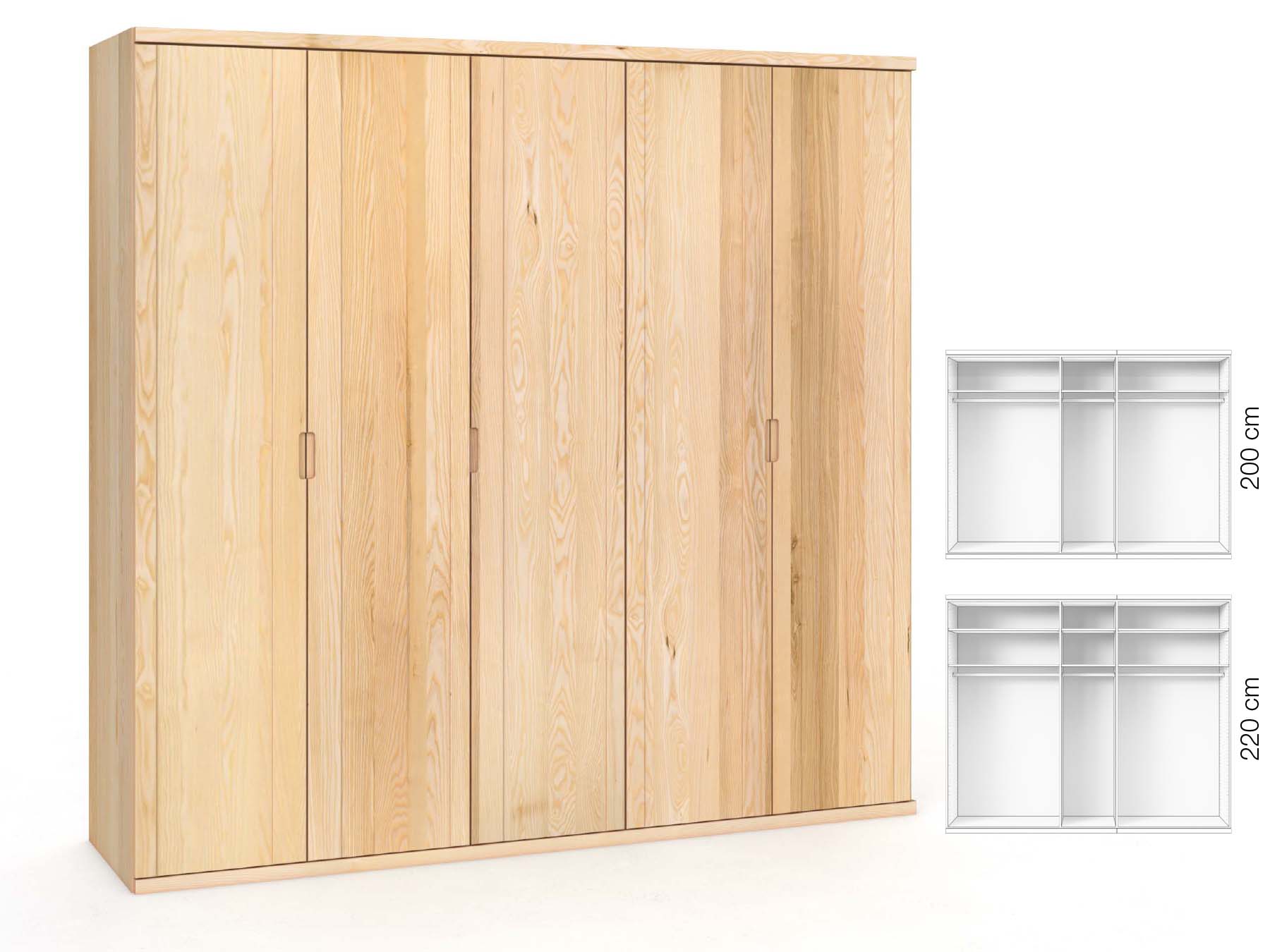 Eschenschrank „Egon“, 5-türig, Höhe 220 cm, Griffausführung „Lukas“, Inneneinrichtung: A