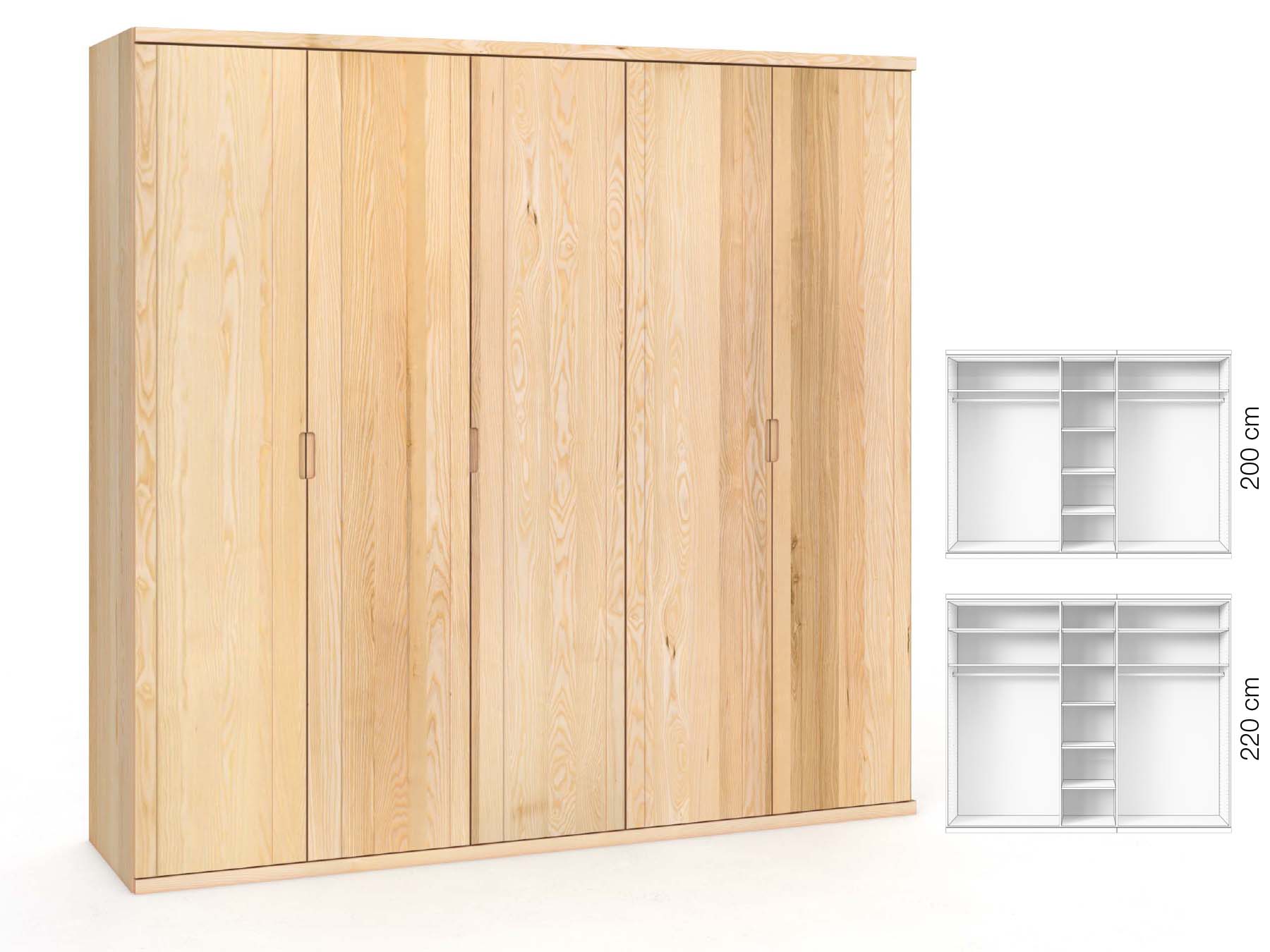 Eschenschrank „Egon“, 5-türig, Höhe 220 cm, Griffausführung „Lukas“, Inneneinrichtung: B