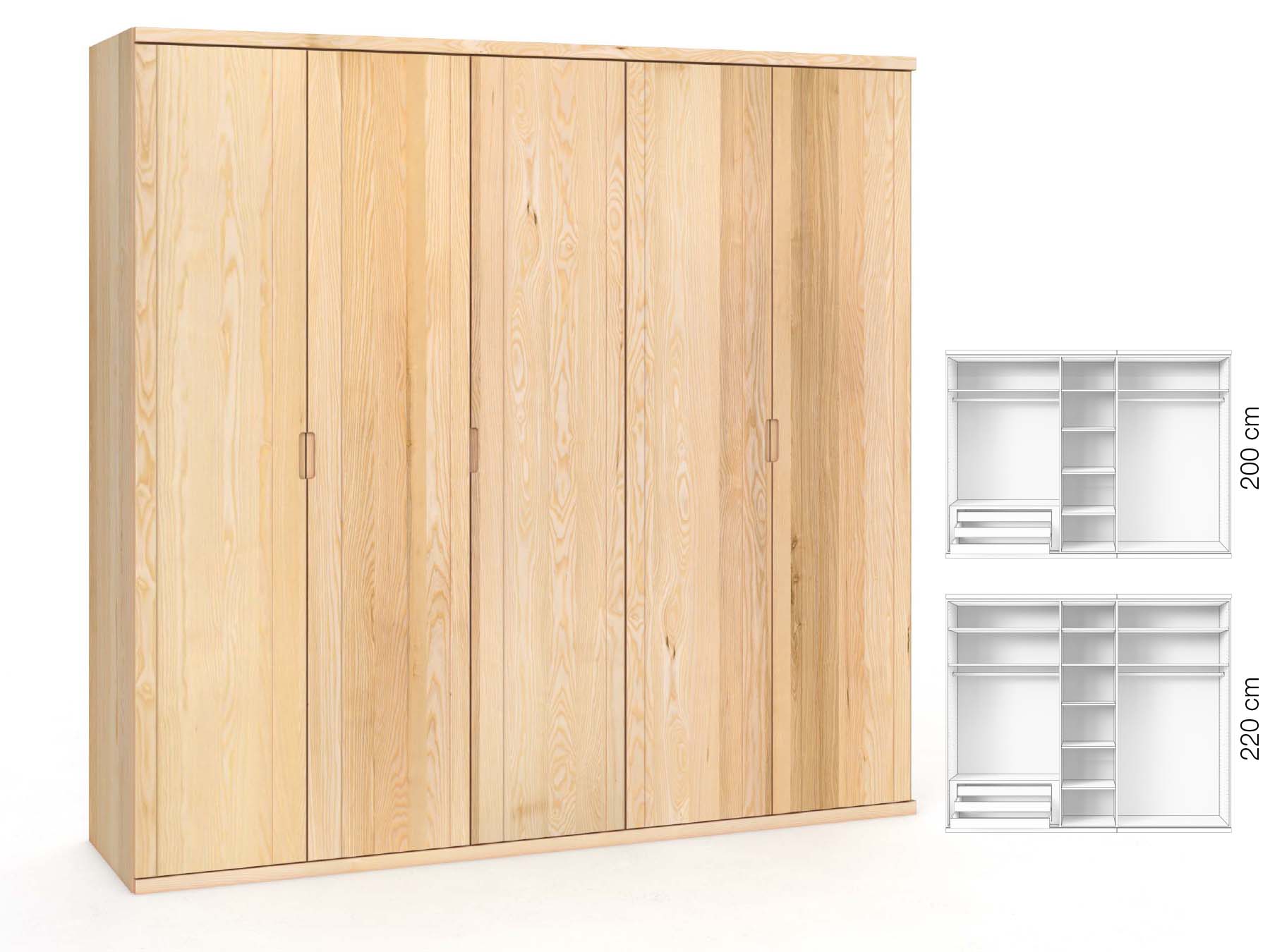 Eschenschrank „Egon“, 5-türig, Höhe 220 cm, Griffausführung „Lukas“, Inneneinrichtung: C