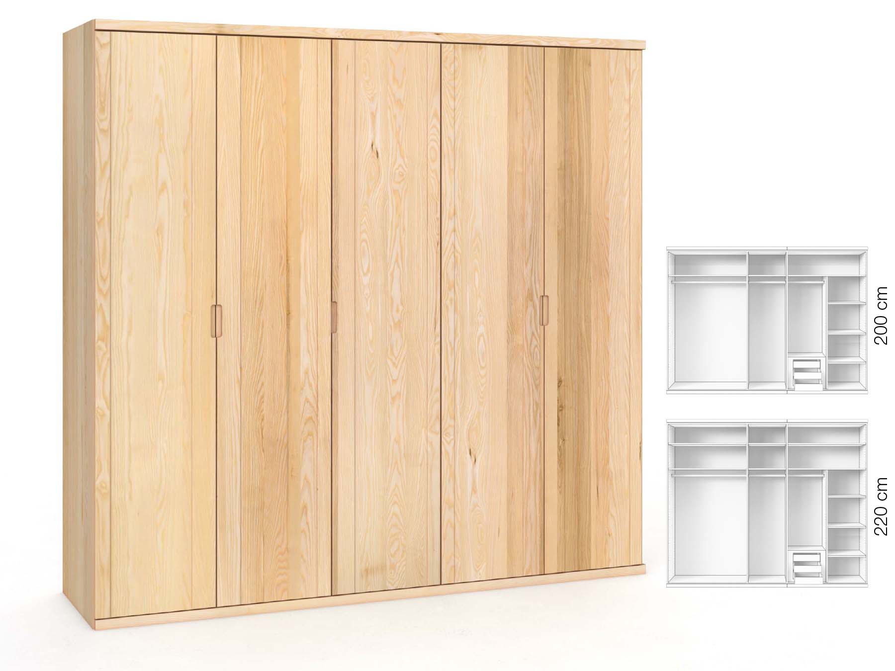 Eschenschrank „Egon“, 5-türig, Höhe 220 cm, Griffausführung „Lukas“, Inneneinrichtung: D
