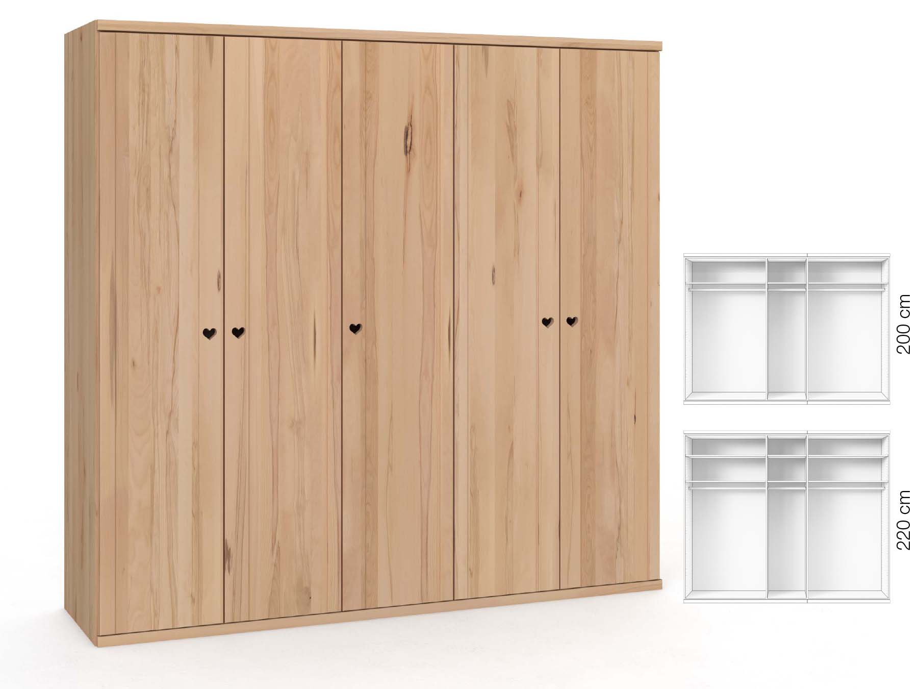 Buchenschrank „Egon“, 5-türig, Höhe 220 cm, Griffausführung „Heidi“, Inneneinrichtung: A