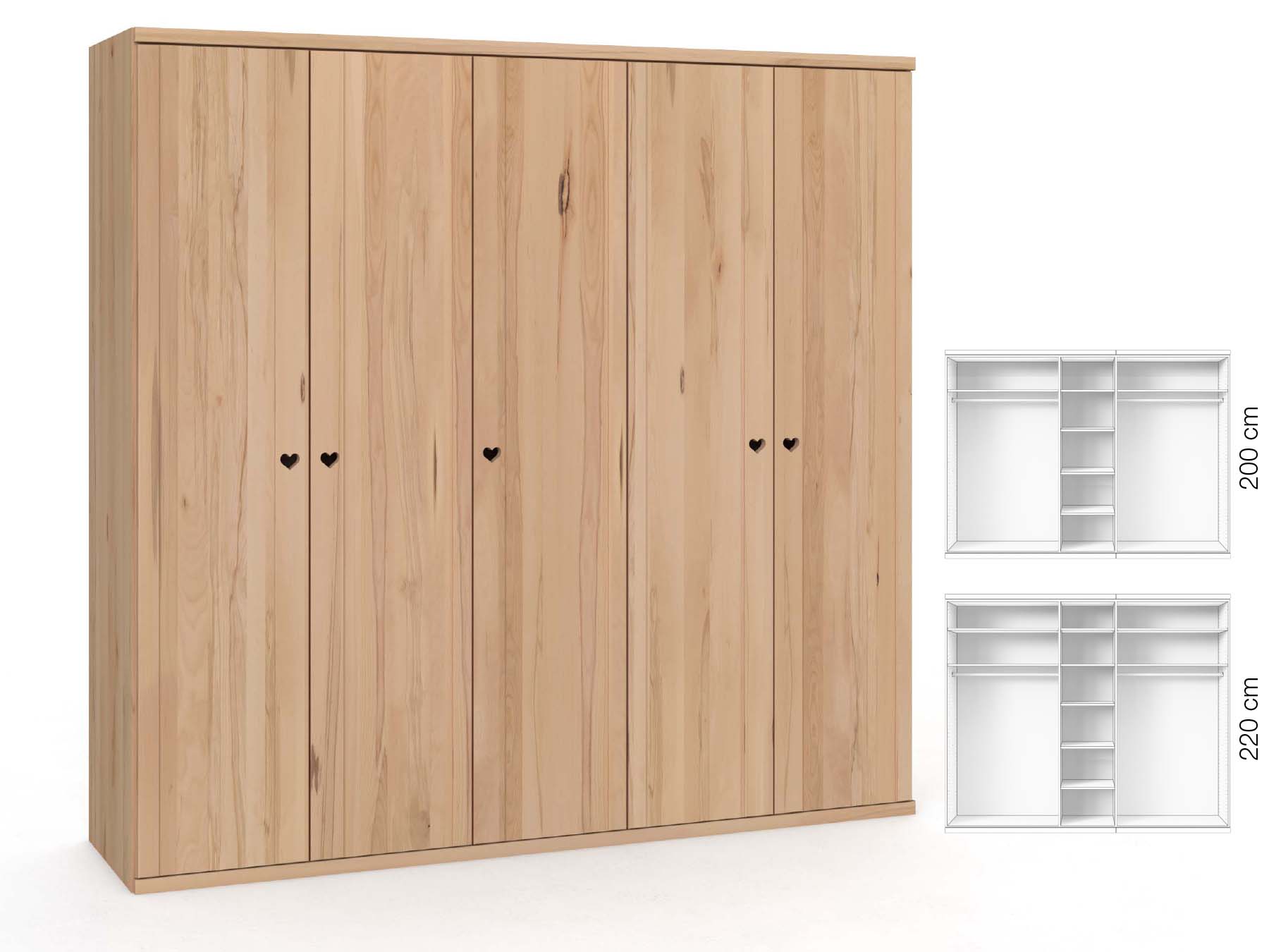 Buchenschrank „Egon“, 5-türig, Höhe 220 cm, Griffausführung „Heidi“, Inneneinrichtung: B