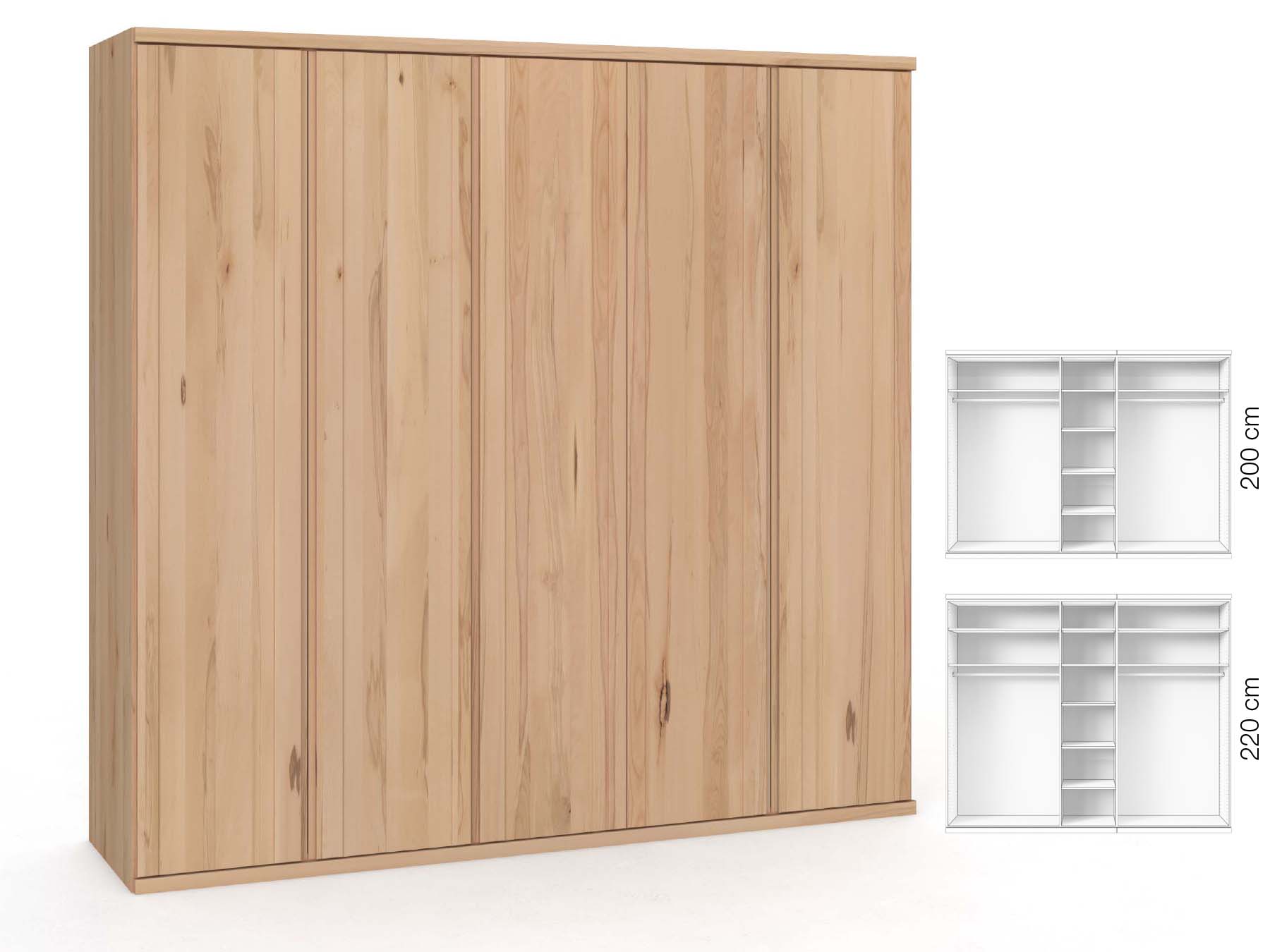 Buchenschrank „Egon“, 5-türig, Höhe 220 cm, Griffausführung „Patrizia“, Inneneinrichtung: B